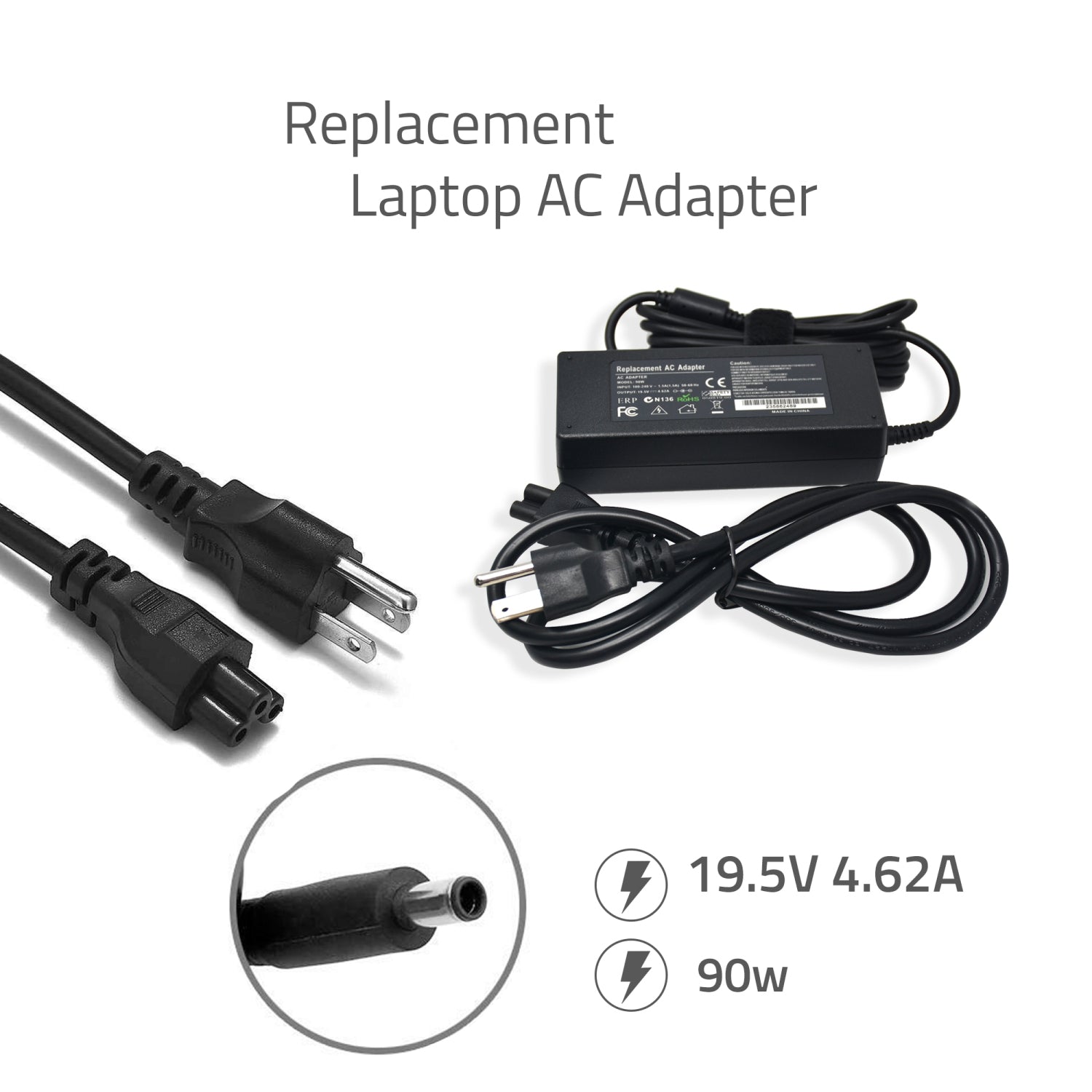 New Replacement Laptop Charger 90W 19.5V 4.62A AC Adapter for Dell Latitude, Inspiron, Precision Workstation, Power Supply Cord, E6220, E7450, U7809, 310-2862, 310-7743, 310-9047