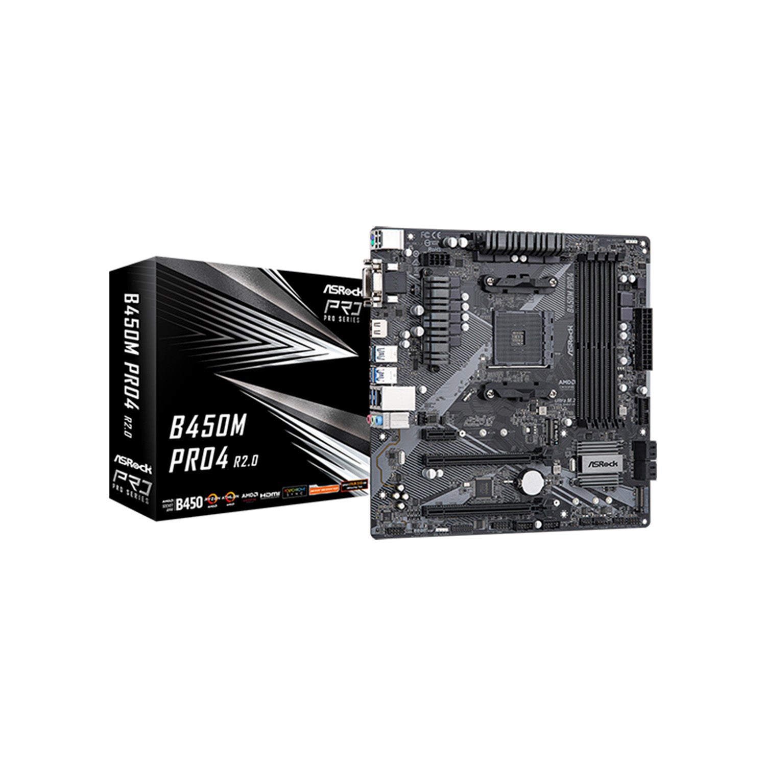 AsRock B450M PRO4 R2.0 Motherboard, AMD AM4 Socket, AMD B450 Chipset, SATA 6Gbps Micro ATX with DDR4 Up to 128GB, Dual M.2 For SSD, USB 3.2 Gen 2 ports, Support Windows 11 and VR Ready