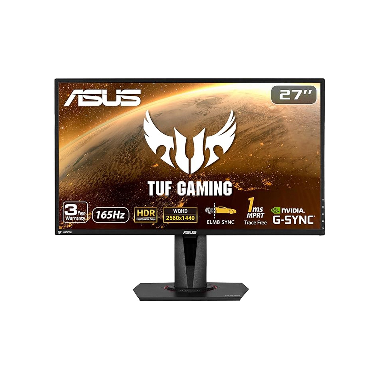 ASUS TUF 27"Inch HDR10 Gaming Monitor - WQHD (2560 x 1440), IPS, 165Hz, 1ms, Extreme Low Motion Blur, Speaker, G-SYNC Compatible, VESA Mountable, DisplayPort, HDMI VG27AQ