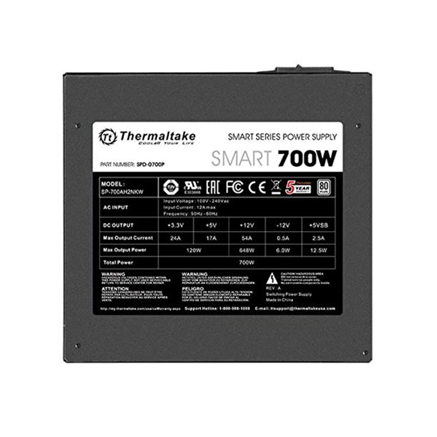 Thermaltake Smart Series 700W Power Supply SLI ATX Form Factor CrossFire Ready Continuous Power ATX12V V2.3 / EPS12V 80 PLUS Certified Active PFC Haswell Ready (PS-SPD-0700NPCWUS-W)