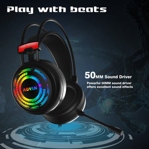 AQVIN Q300 RGB Wired Gaming Headset, RGB Backlight, 7.1 Stereo Surround Sound, 50MM Drivers, Adjustable Microphone, Over-Ear Headphones for PC, Laptop etc - Black