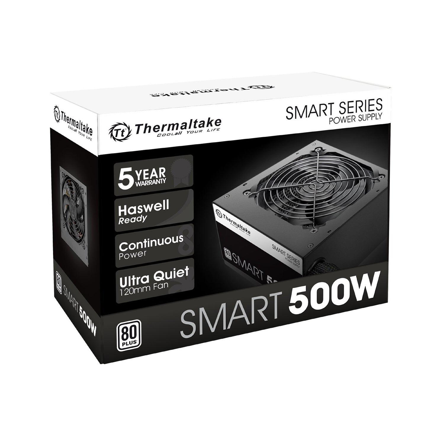 Thermaltake Smart Series 500W Power Supply SLI, ATX Form Factor, CrossFire Ready Continuous Power,120mm Ultra Quiet Cooling Fan, ATX 12V V2.3 | EPS 12V 80 PLUS Certified Active PFC Haswell Ready (PS-SPD-0500NPCWUS-W)