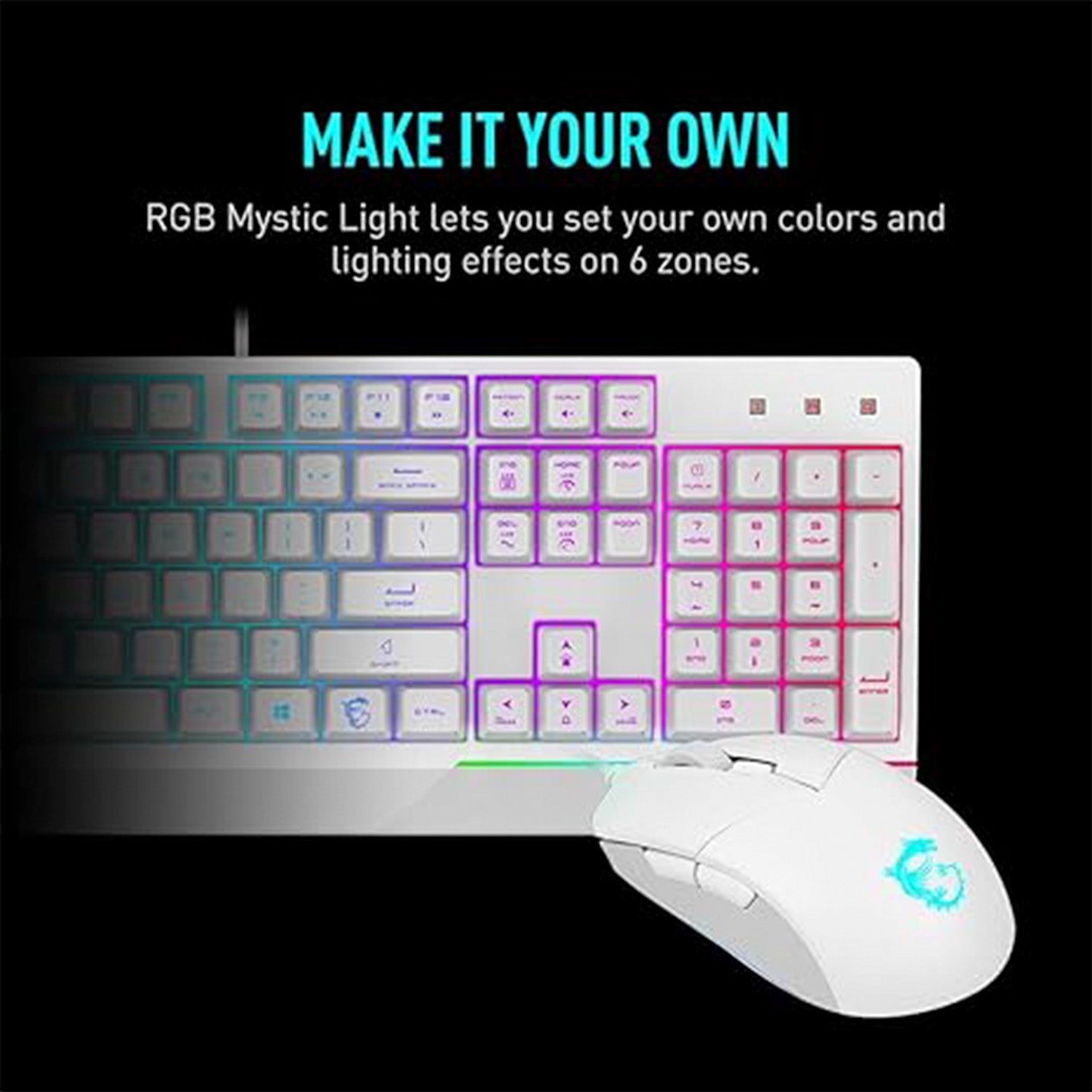 MSI VIGOR GK30 COMBO - Mechanical Gaming Keyboard RGB Backlit With 7 Lighting Effects, USB Wired Keyboard, Plunger Switches 20-key Anti-ghosting 108 Keys, For Desktop PC - White