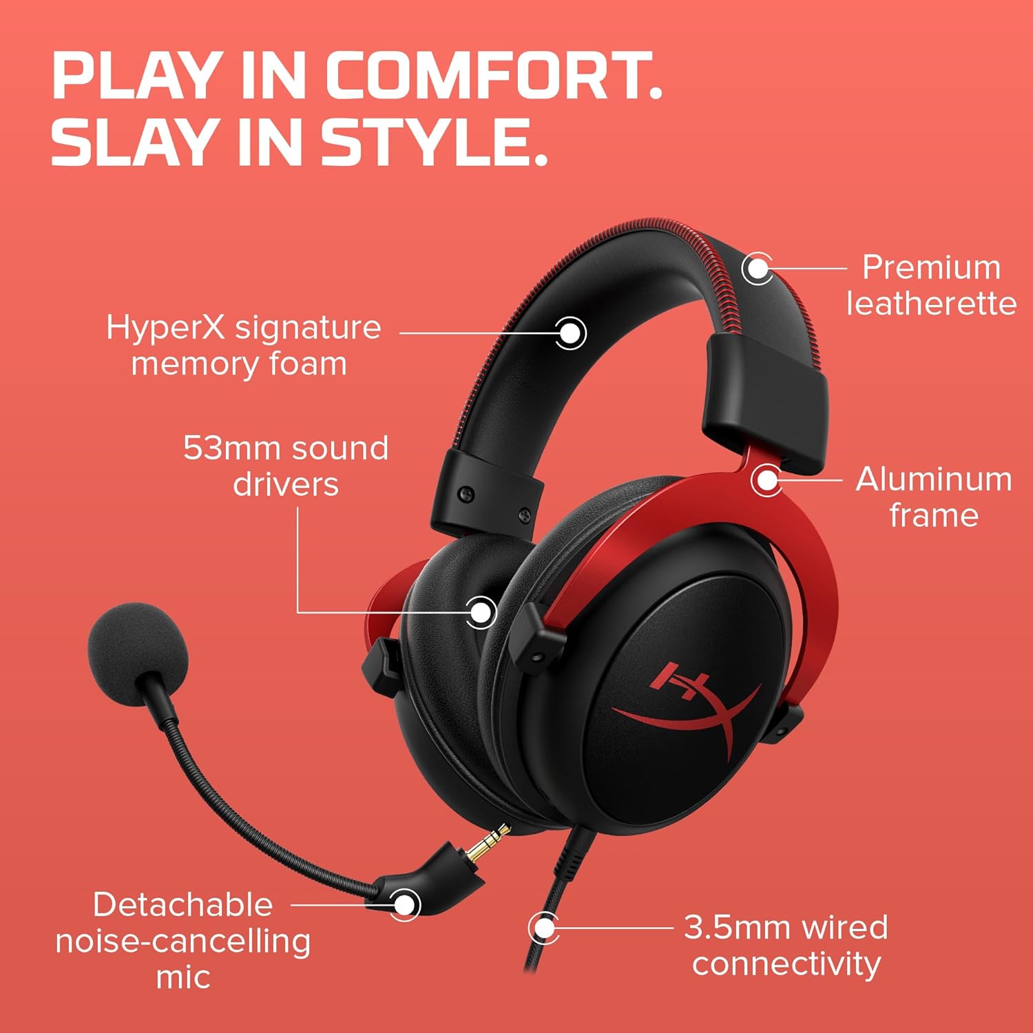 HyperX Cloud II – Wired Gaming Headset for PC, Active Noise Cancellation, Durable Aluminum Frame, Detachable Microphone, Compatibility With PC, PS5, PS4, Black-Red