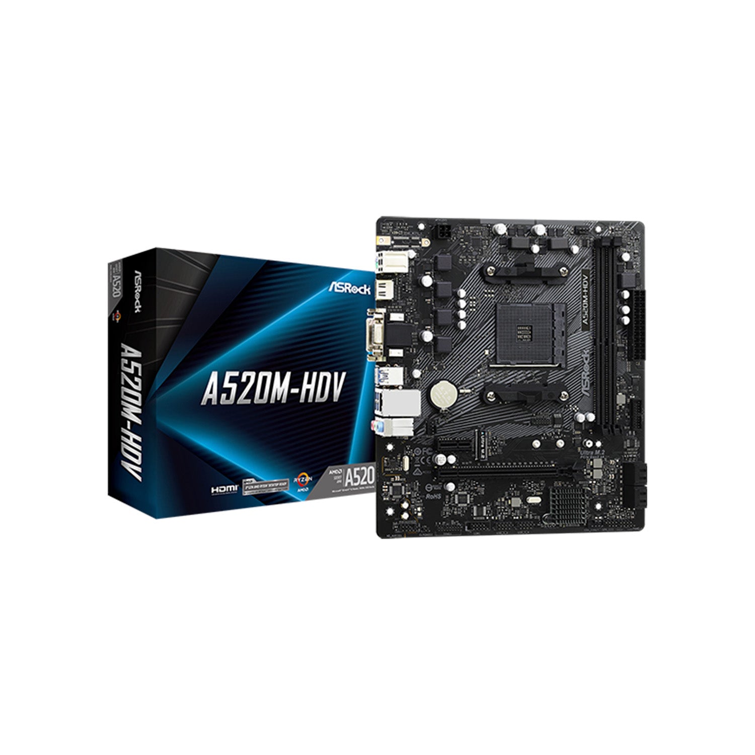 ASRock A520M-HDV AMD AM4 micro ATX motherboard with DDR4 4600MHz, Ultra M.2, USB 3.2 Gen 2 ports, SATA 6 Gbps