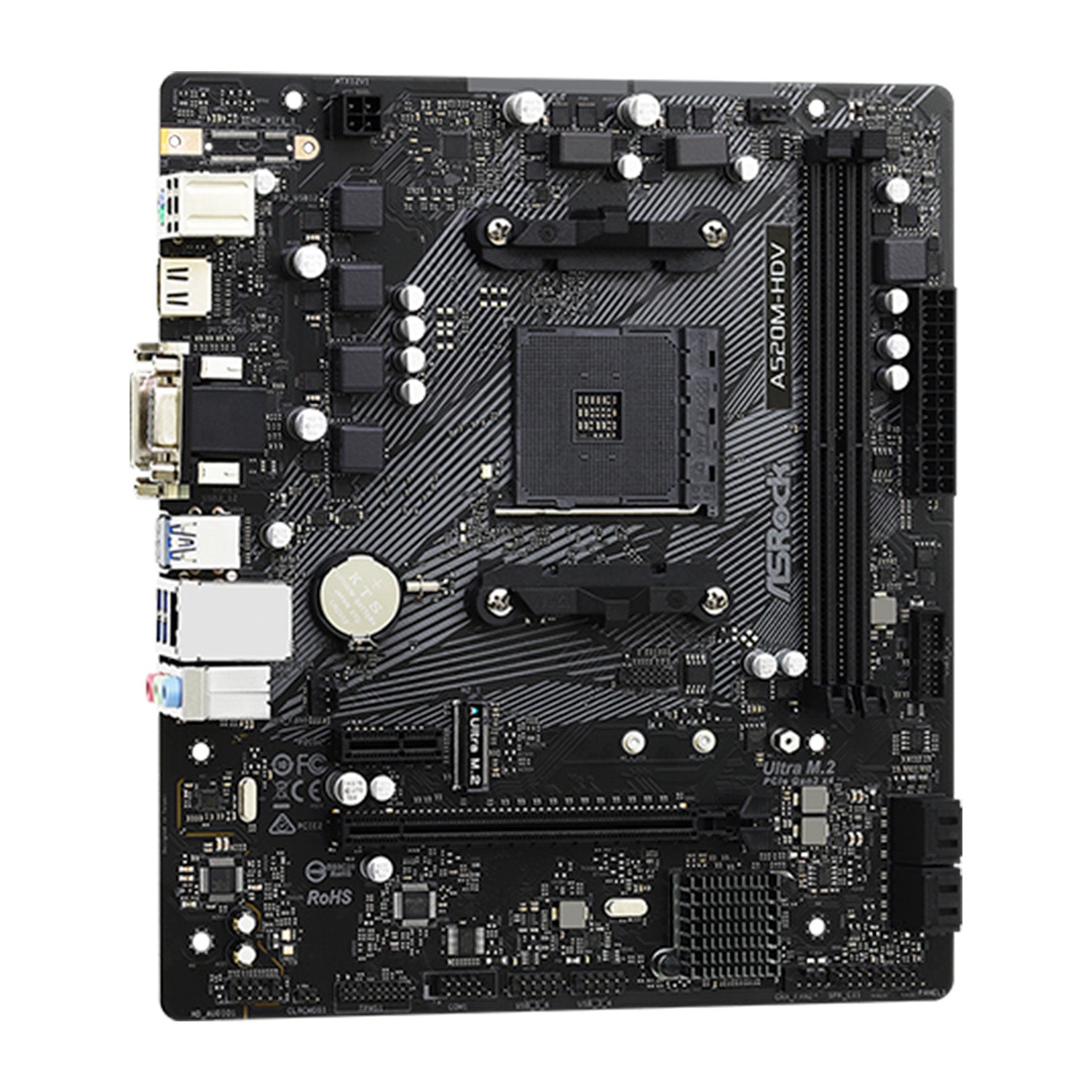 ASRock A520M-HDV AMD AM4 micro ATX motherboard with DDR4 4600MHz, Ultra M.2, USB 3.2 Gen 2 ports, SATA 6 Gbps