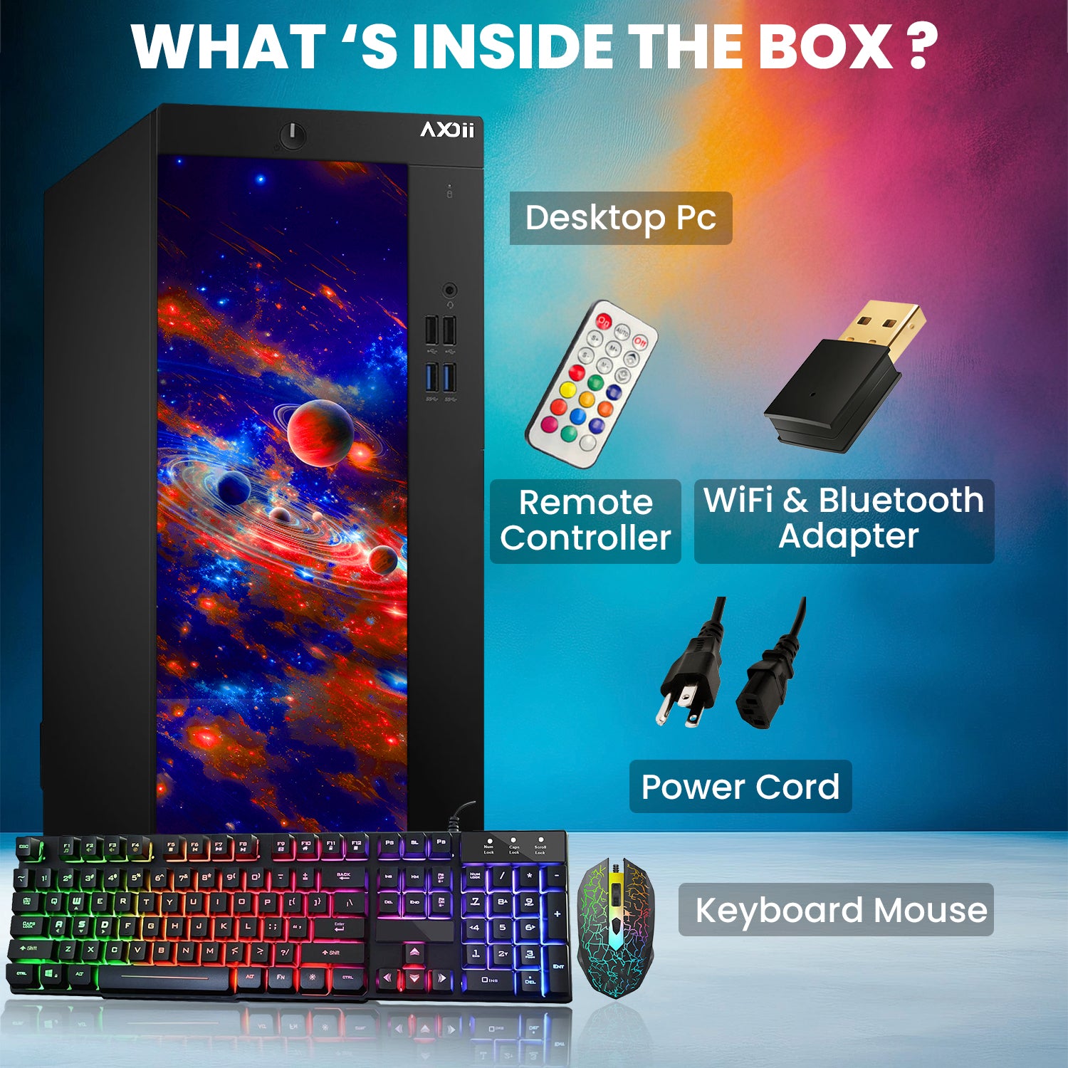 AXOII COSMOS RGB Gaming Desktop Computer PC, Intel Core I5/I7 Processor, Graphics Card - RX 550 / GTX 1050 / GTX 1650 / RTX 3050, 32GB DDR4 RAM, 1TB NVMe SSD, Wi-Fi, Bluetooth - Windows11 Pro