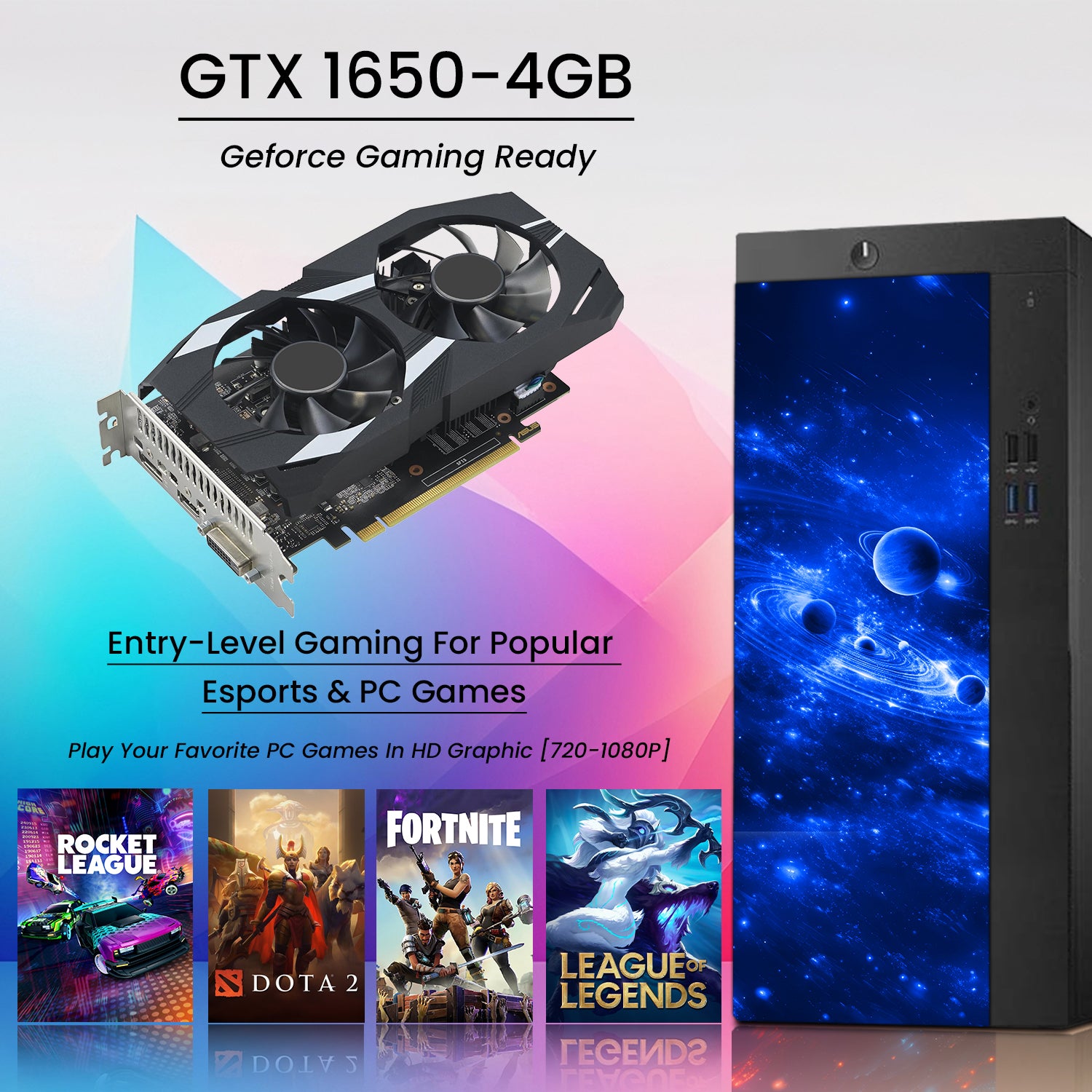 AXOII COSMOS RGB Gaming Desktop Computer PC, Intel Core I5/I7  Processor, Graphics Card - RX 550 / GTX 1050 / GTX 1650 / RTX 3050, 32GB DDR4 RAM, 1TB NVMe SSD, Wi-Fi, Bluetooth - Windows11 Pro