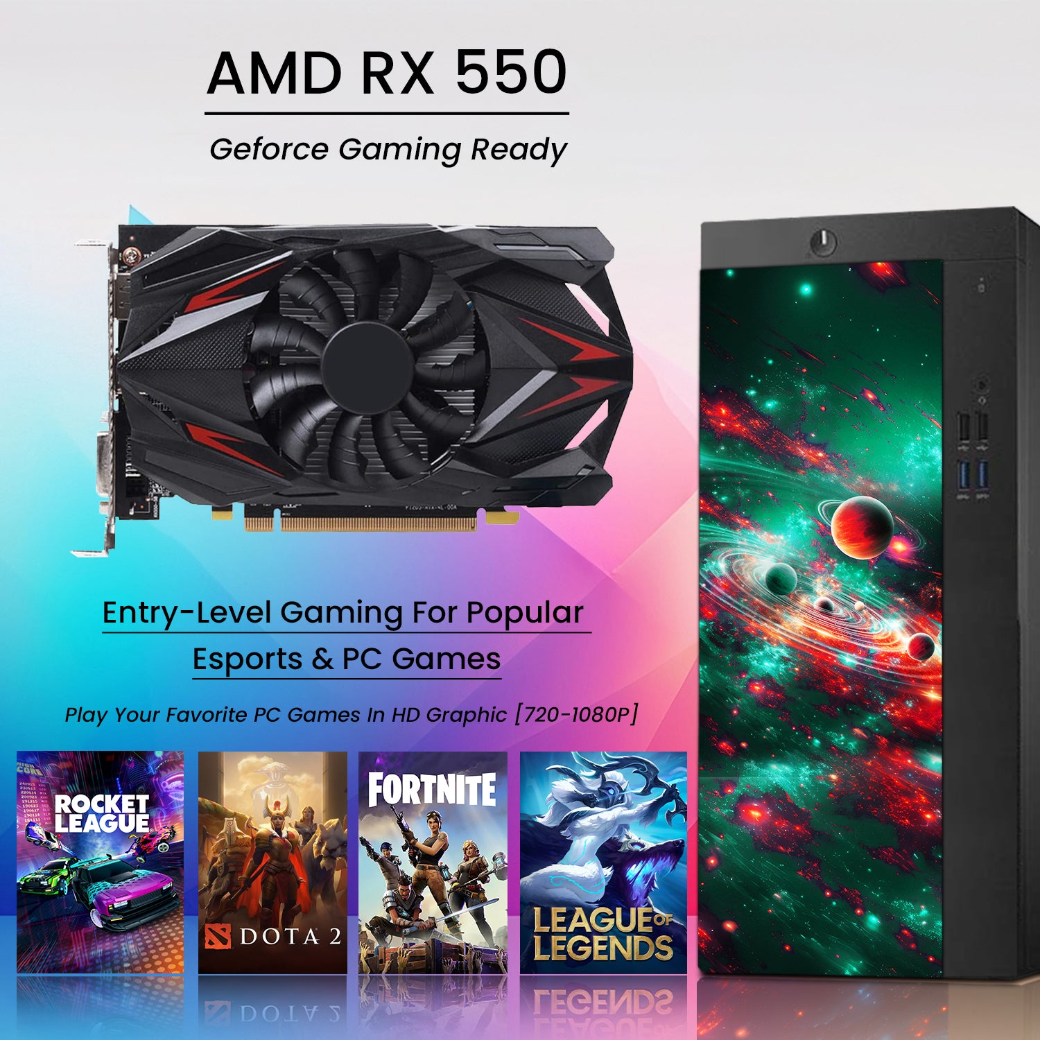 AXOII COSMOS RGB Gaming Desktop Computer PC, Intel Core I5/I7  Processor, Graphics Card - RX 550 / GTX 1050 / GTX 1650 / RTX 3050, 32GB DDR4 RAM, 1TB NVMe SSD, Wi-Fi, Bluetooth - Windows11 Pro