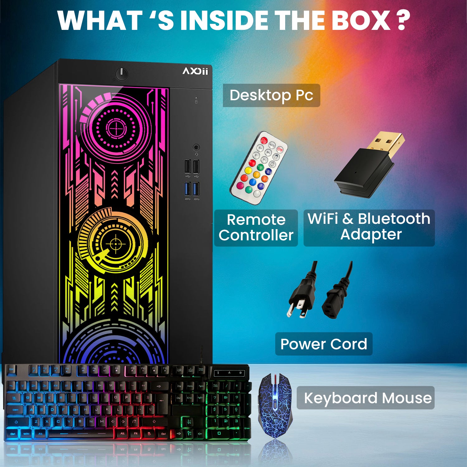 AXOII ELECTRA RGB Gaming Desktop Computer PC, Intel Core - I5/I7 Processor, Graphics Card - RX 550 / GTX 1050 / GTX 1650 / RTX 3050, 32GB DDR4 RAM, 1TB NVMe SSD, Wi-Fi, Bluetooth - Windows 11 Pro