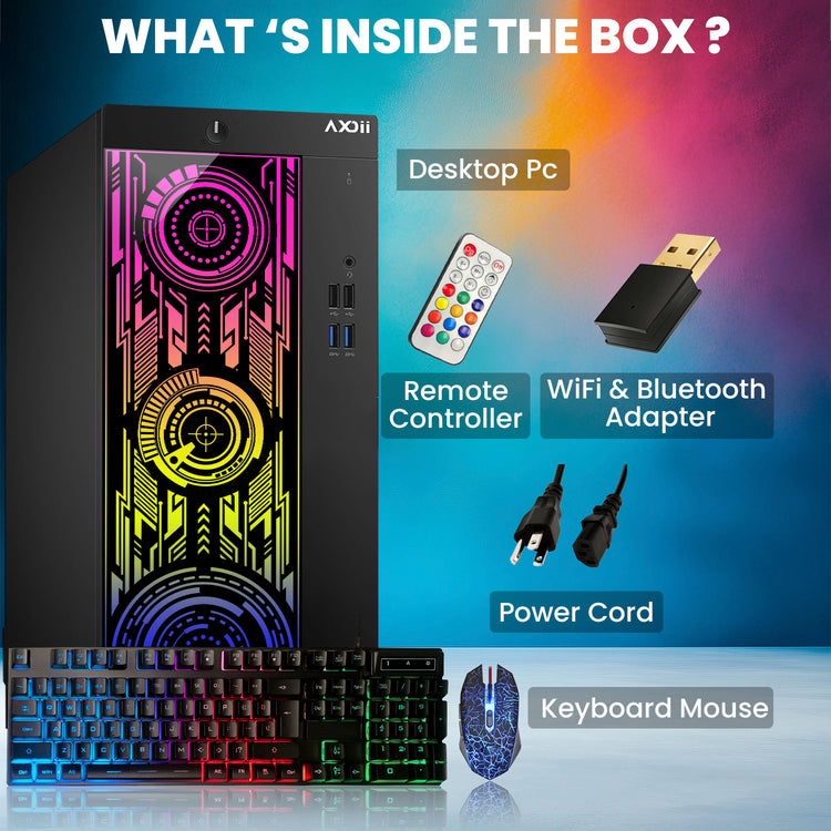 AXOII ELECTRA RGB Gaming Desktop Computer PC, Intel Core - I5/I7 Processor, Graphics Card - RX 550 / GTX 1050 / GTX 1650 / RTX 3050, 32GB DDR4 RAM, 1TB NVMe SSD, Wi-Fi, Bluetooth - Windows 11 Pro