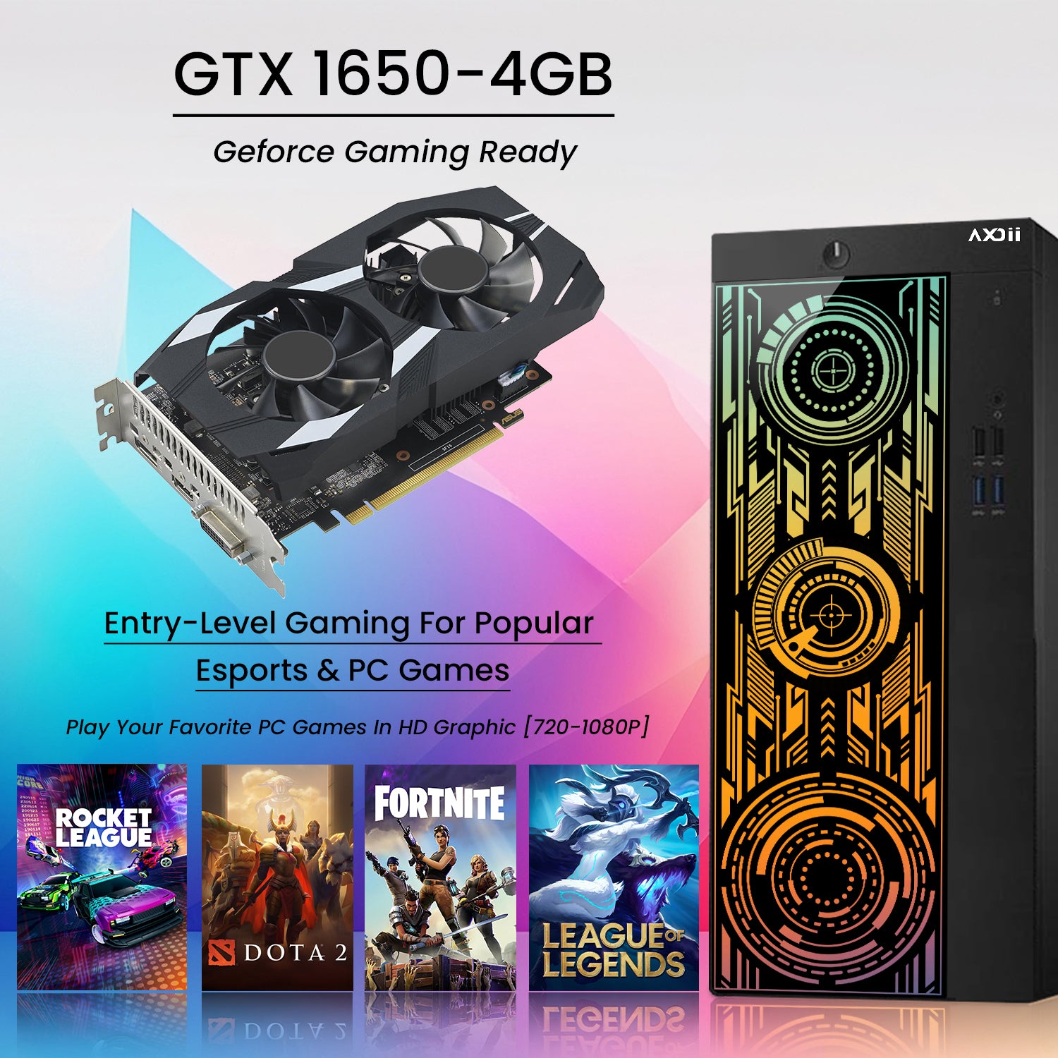 AXOII ELECTRA RGB Gaming Desktop Computer PC, Intel Core - I5/I7 Processor, Graphics Card - RX 550 / GTX 1050 / GTX 1650 / RTX 3050, 32GB DDR4 RAM, 1TB NVMe SSD, Wi-Fi, Bluetooth - Windows 11 Pro