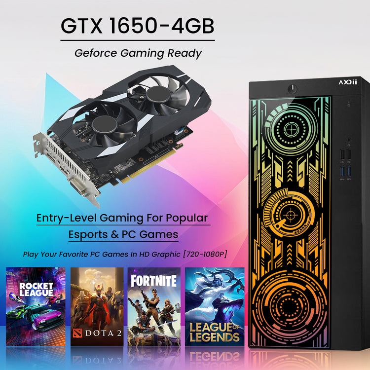 AXOII ELECTRA RGB Gaming Desktop Computer PC, Intel Core - I5/I7 Processor, Graphics Card - RX 550 / GTX 1050 / GTX 1650 / RTX 3050, 32GB DDR4 RAM, 1TB NVMe SSD, Wi-Fi, Bluetooth - Windows 11 Pro