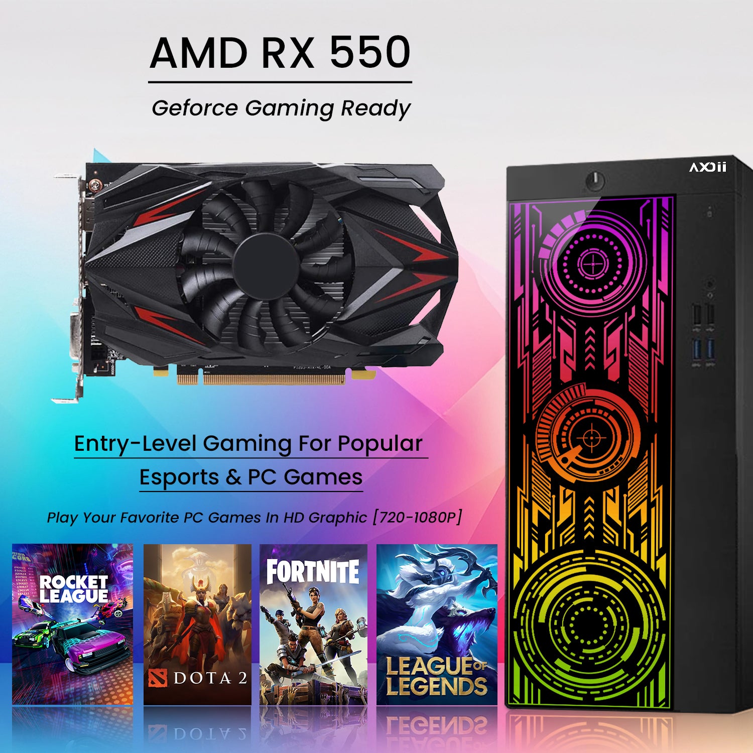 AXOII ELECTRA RGB Gaming Desktop Computer PC, Intel Core - I5/I7 Processor, Graphics Card - RX 550 / GTX 1050 / GTX 1650 / RTX 3050, 32GB DDR4 RAM, 1TB NVMe SSD, Wi-Fi, Bluetooth - Windows 11 Pro