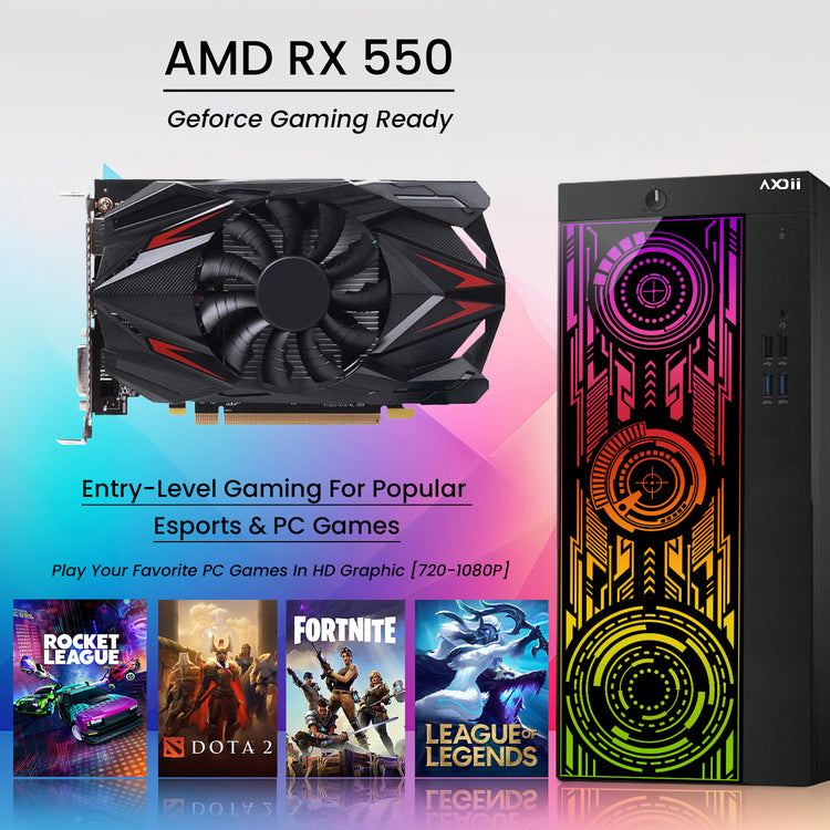 AXOII ELECTRA RGB Gaming Desktop Computer PC, Intel Core - I5/I7 Processor, Graphics Card - RX 550 / GTX 1050 / GTX 1650 / RTX 3050, 32GB DDR4 RAM, 1TB NVMe SSD, Wi-Fi, Bluetooth - Windows 11 Pro