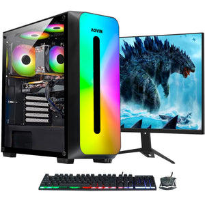 AQVIN Gaming PC Tower Desktop Computer Combo, Intel Core i7 up to 4.00 GHz, 32GB DDR4 RAM, 1TB - 2TB SSD, RX 580, GTX 1660s, RTX 3050, RTX 3060, Windows 10 Pro, WIFI - 27 inch Curved Gaming Monitor