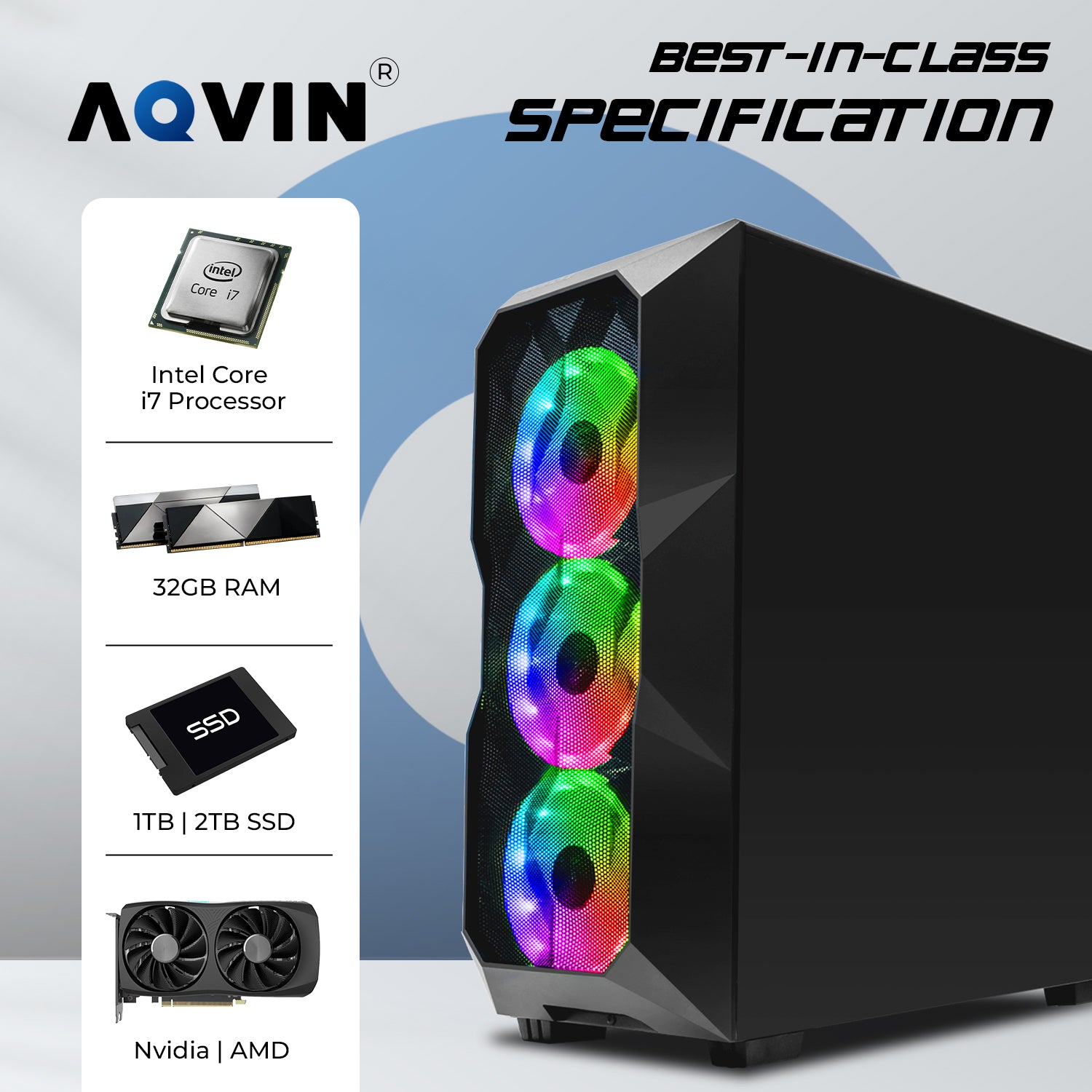 AQVIN AQW70/ AQB70 Gaming PC Tower - 27 inch Curved Gaming Monitor (Intel Core i7 Processor/ 32GB DDR4 RAM/ 1TB - 2TB SSD/ GeForce RTX 3050, 3060, 4060 GPU/ Windows 10 Pro) WiFi Ready