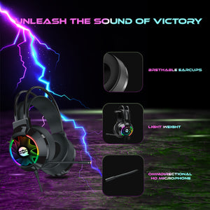 AQVIN Q310 RGB Wired Gaming Headset, RGB Backlight, 7.1 Stereo Surround Sound, 50MM Drivers, Adjustable Microphone, Over-Ear Headphones for PC, Laptop etc - Black