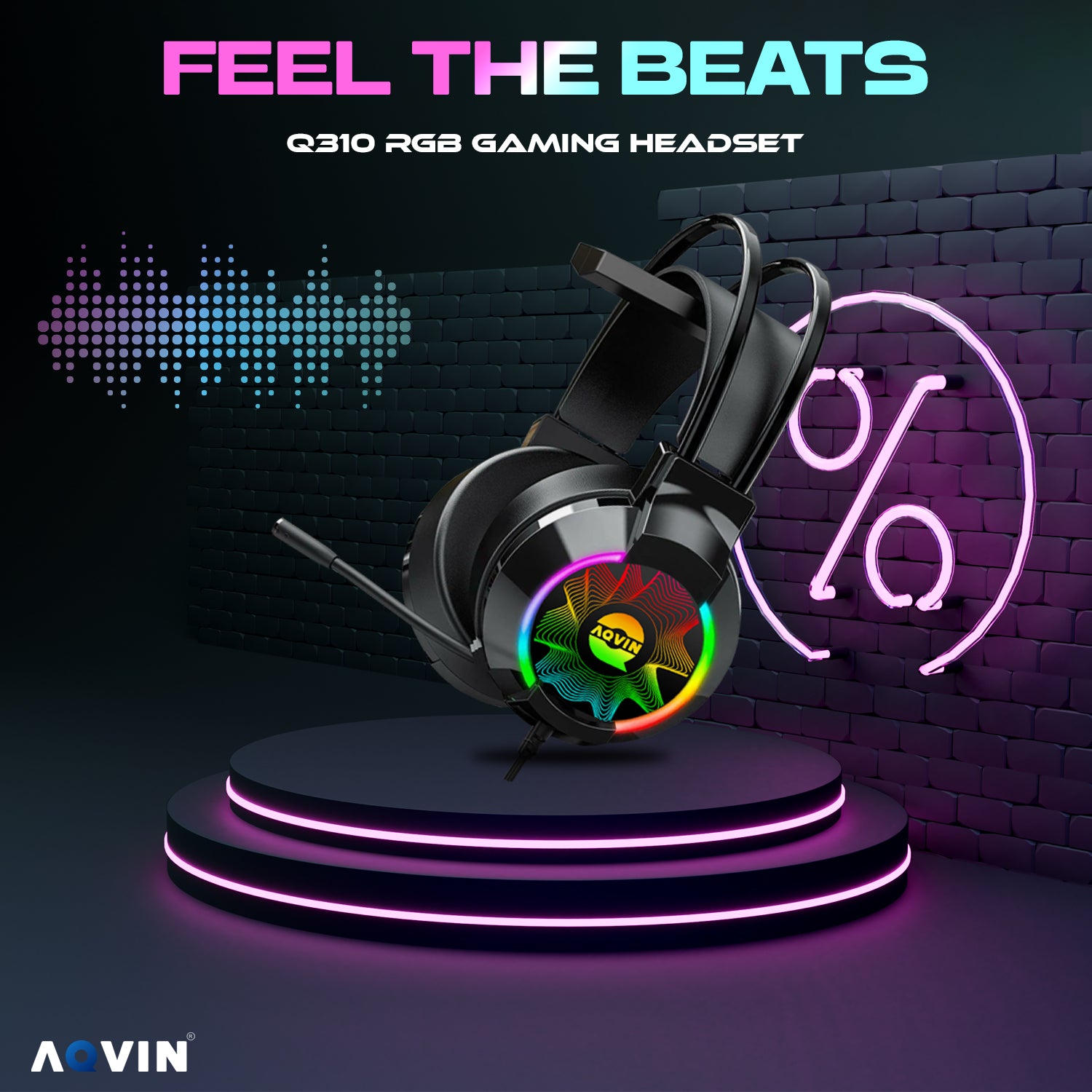 AQVIN Q310 RGB Wired Gaming Headset, RGB Backlight, 7.1 Stereo Surround Sound, 50MM Drivers, Adjustable Microphone, Over-Ear Headphones for PC, Laptop etc - Black
