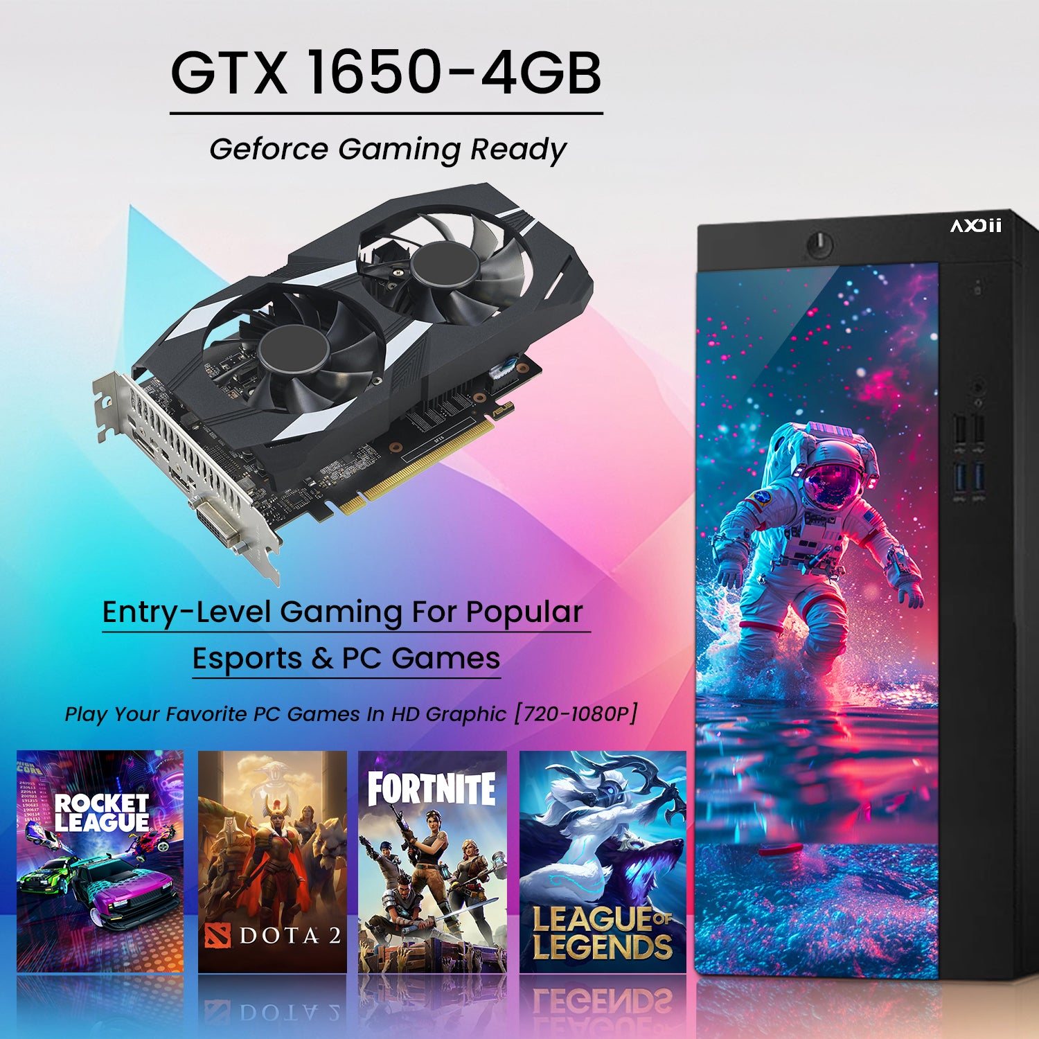 AXOII SPACEMAN RGB Gaming Desktop Computer PC, Intel Core I5/I7 Processor, Graphics Card - RX 550 / GTX 1050 / GTX 1650 / RTX 3050, 32GB DDR4 RAM, 1TB NVMe SSD, Wi-Fi, Bluetooth - Windows11 Pro
