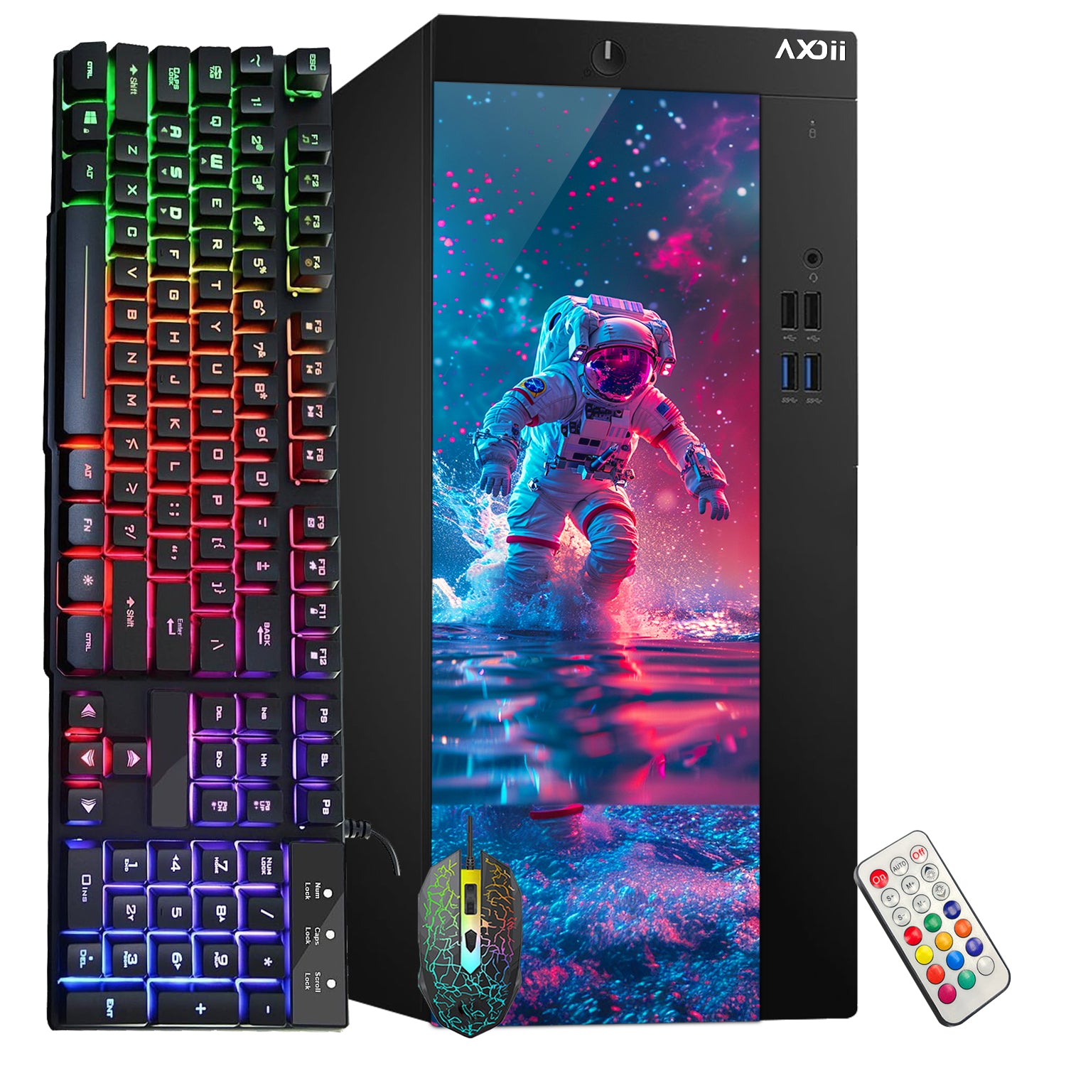 AXOII SPACEMAN RGB Gaming Desktop Computer PC, Intel Core I5/I7 Processor, Graphics Card - RX 550 / GTX 1050 / GTX 1650 / RTX 3050, 32GB DDR4 RAM, 1TB NVMe SSD, Wi-Fi, Bluetooth - Windows11 Pro