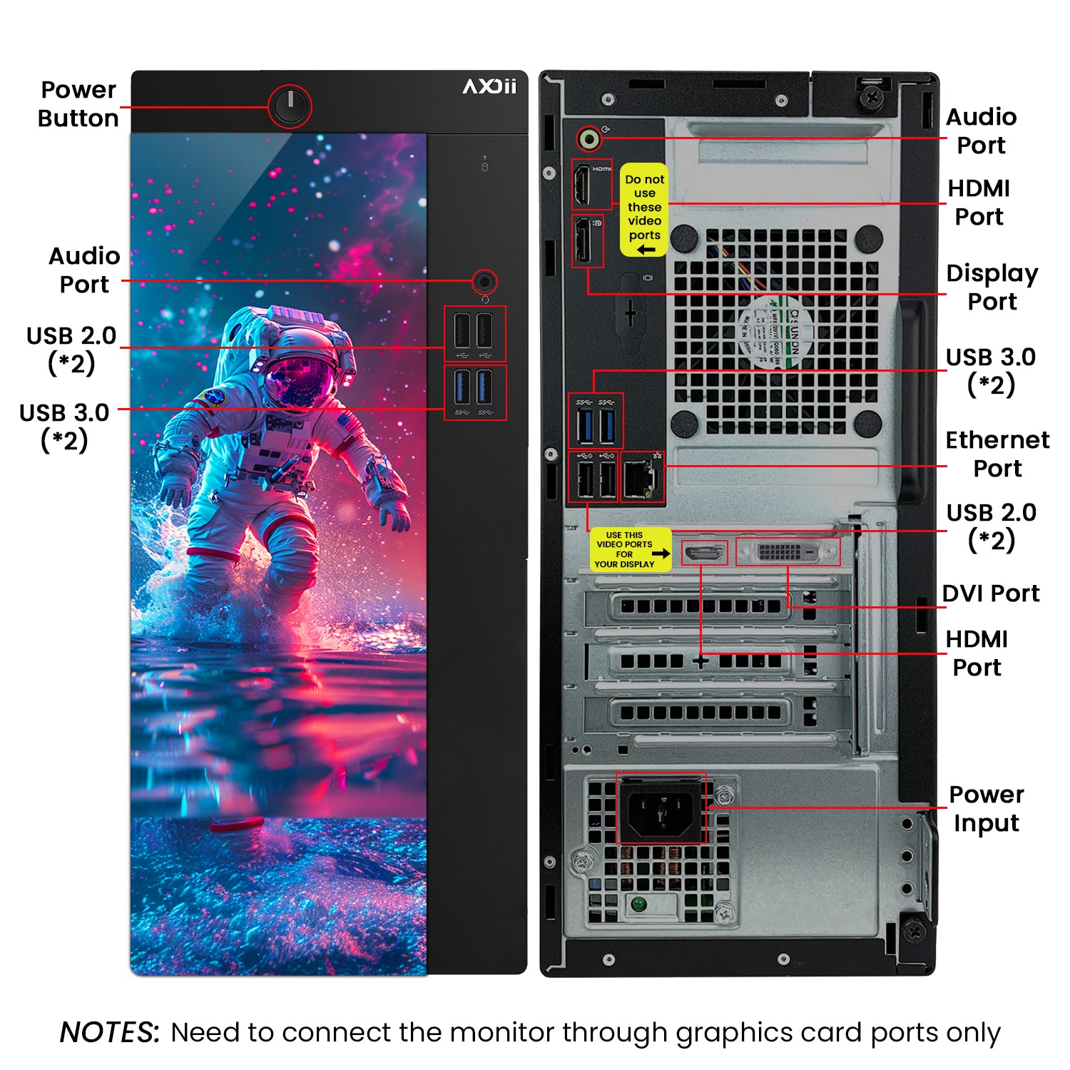 AXOII SPACEMAN RGB Gaming Desktop Computer PC, Intel Core I5/I7 Processor, Graphics Card - RX 550 / GTX 1050 / GTX 1650 / RTX 3050, 32GB DDR4 RAM, 1TB NVMe SSD, Wi-Fi, Bluetooth - Windows11 Pro