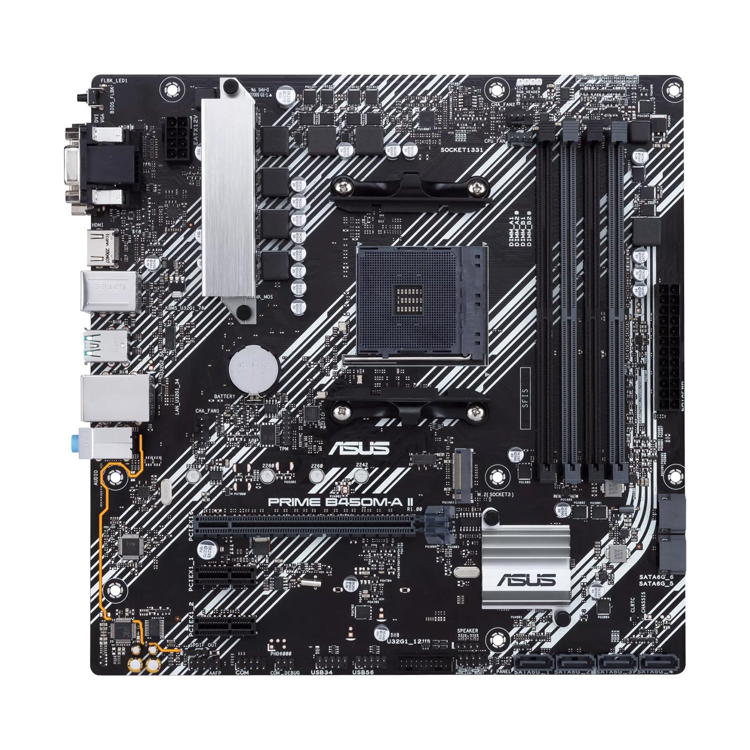 ASUS PRIME B450M-A II Micro ATX Motherboard, AMD B450 Chipset, AM4 Socket - AMD Ryzen, upto 128GB DDR4, PCIe 3.0, M.2 Slot, HDMI 2.0b/DVI/D-Sub, BIOS Flashback and Aura Sync RGB Lights