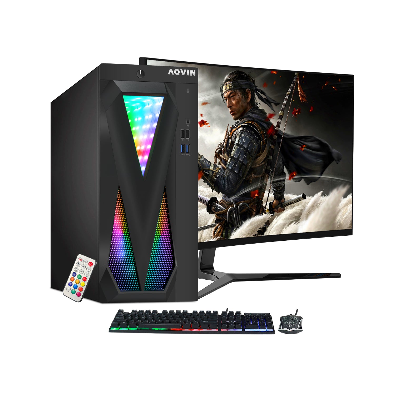 AQVIN Tower Desktop Computer Windows 11 Pro Gaming PC, 27-inch Curved Gaming Monitor, Intel Core i5 - i7 8th Gen CPU,  32GB DDR4 RAM, 1TB SSD, RX 550/GTX1630/1050Ti/1650 HDMI, WIFI - Refurbished