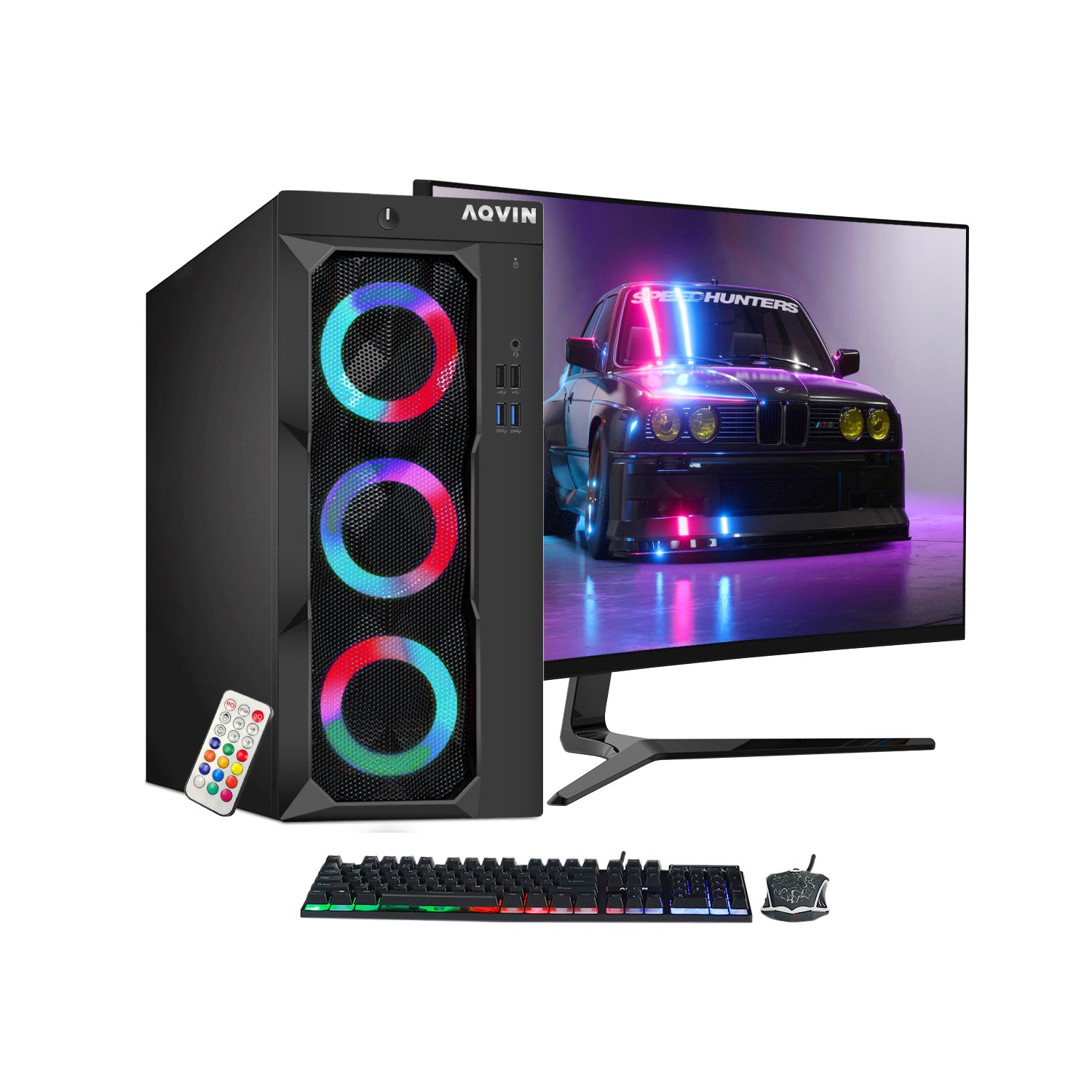 AQVIN Tower Desktop Computer Windows 11 Pro Gaming PC, 27-inch Curved Gaming Monitor, Intel Core i5 - i7 8th Gen CPU,  32GB DDR4 RAM, 1TB SSD, RX 550/GTX1630/1050Ti/1650 HDMI, WIFI - Refurbished