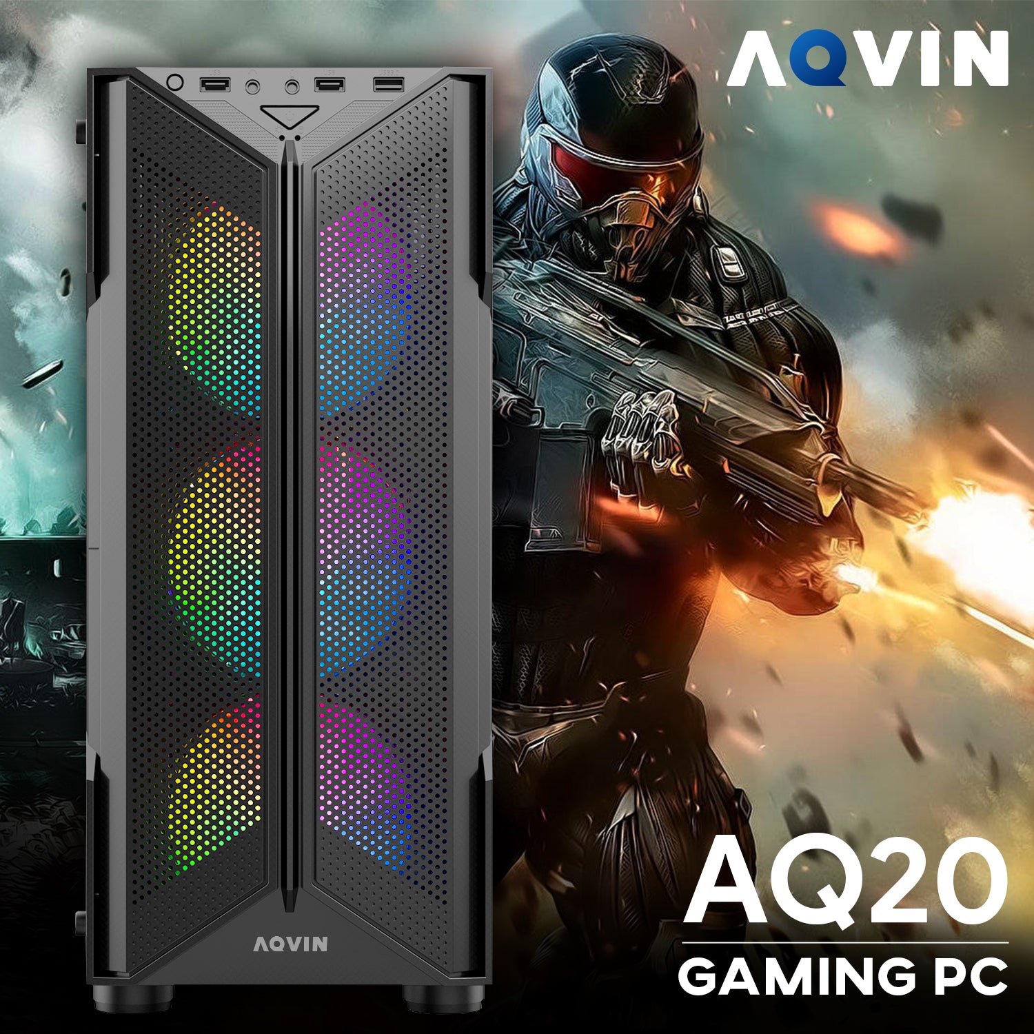 AQVIN AQ20 Gaming Desktop Computer Combo, New 24 inch/ 27 inch Gaming Curved monitor (Intel Hexa Core i7 Processor| 32GB DDR4 RAM| 1TB - 2TB SSD| GTX 1660s, RTX 3050, 3060, 5060| Windows 11 Pro)