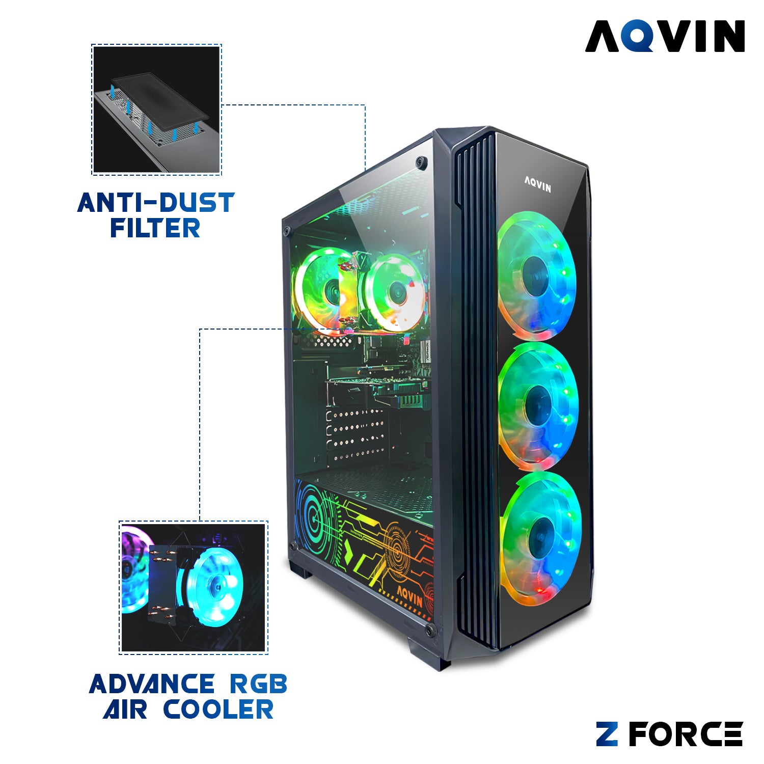 AQVIN Z-Force Gaming Desktop Tower PC/ 24 and 27 inch Curved Screen/ Intel Core i7 up to 4.60 GHz Processor/ RX 580, GTX 1660s, RTX 3050, 3060,5060/ 32GB DDR4 RAM/ 1TB - 2TB SSD/ WIFI/ Windows 11 Pro