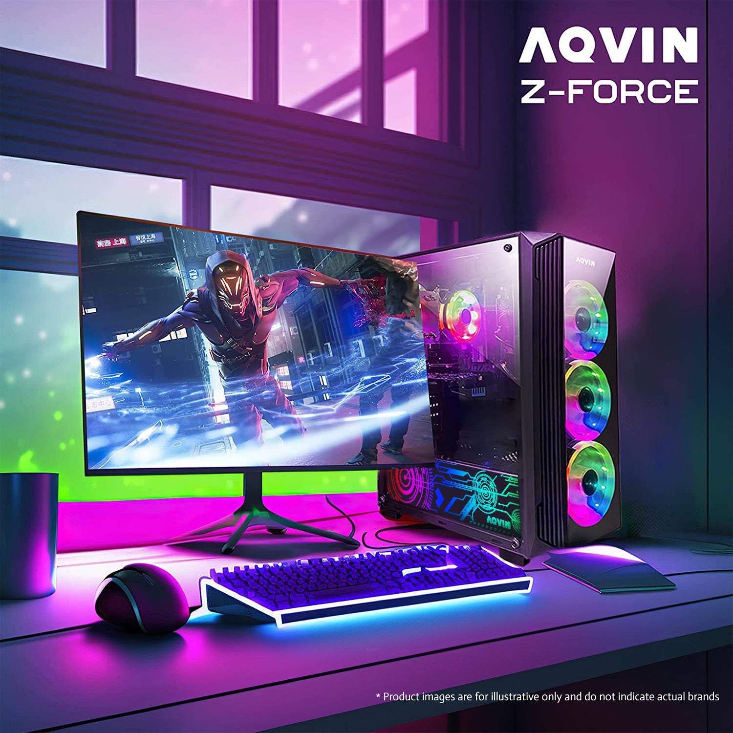 AQVIN Z-Force Gaming Desktop Tower Computer - 24 inch/ 27 inch Curved Monitor RGB (Intel Core i3 @3.60 GHz/ 1TB SSD (fast boot)/ 32GB DDR4 RAM/ GeForce RTX 3060-4060/ Windows 11 Pro/ Gaming Keyboard and Mouse) WIFI