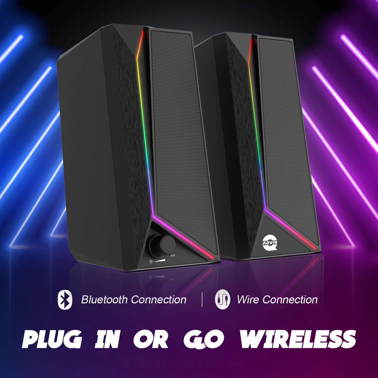AQVIN (Q130) RGB Gaming Speakers - Wired and Bluetooth 5.0 Speakers For PC/Laptop/Monitor, 6 Colorful RGB Mode Gaming Speakers, Easy Access Volume Control
