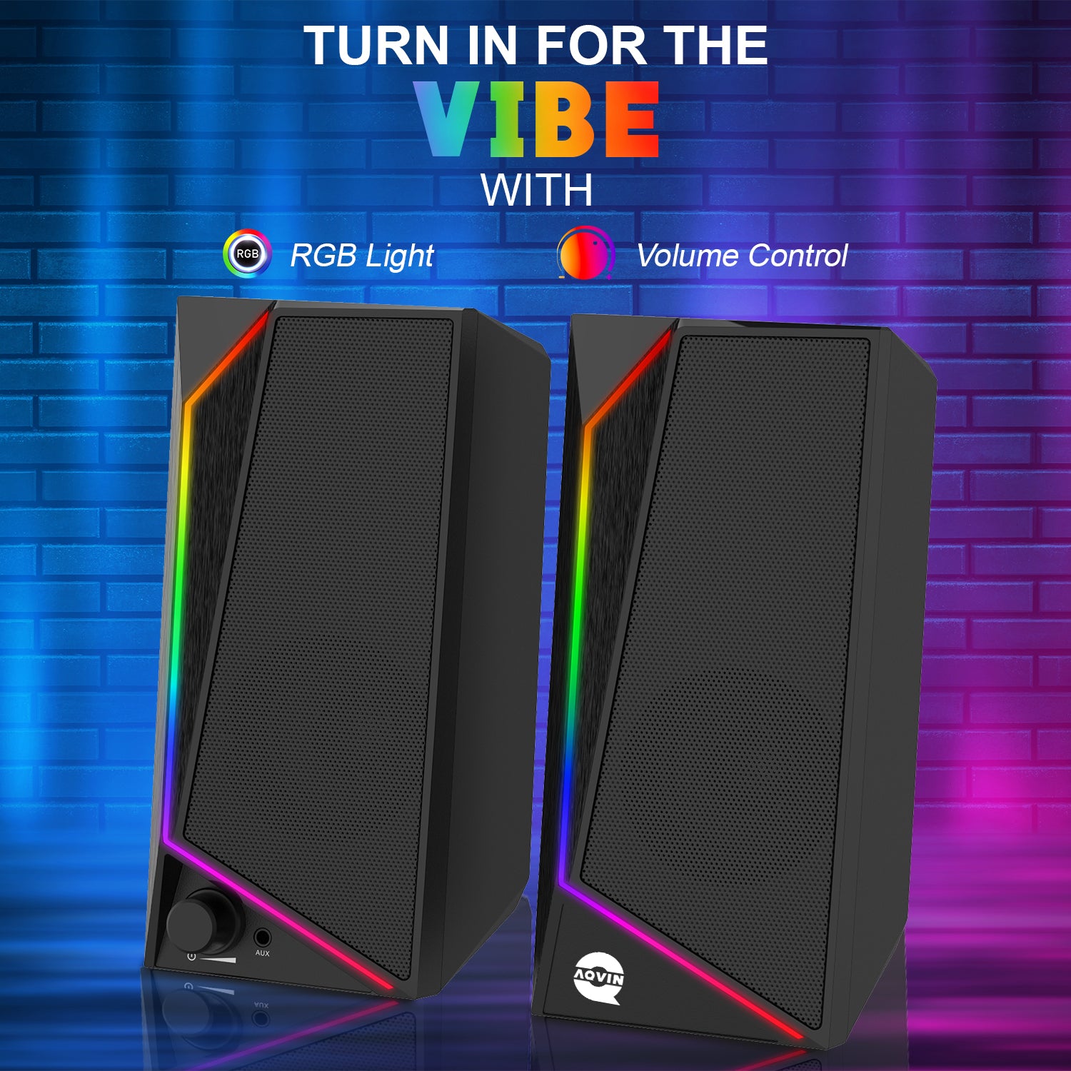 AQVIN (Q130) RGB Gaming Speakers - Wired and Bluetooth 5.0 Speakers For PC/Laptop/Monitor, 6 Colorful RGB Mode Gaming Speakers, Easy Access Volume Control