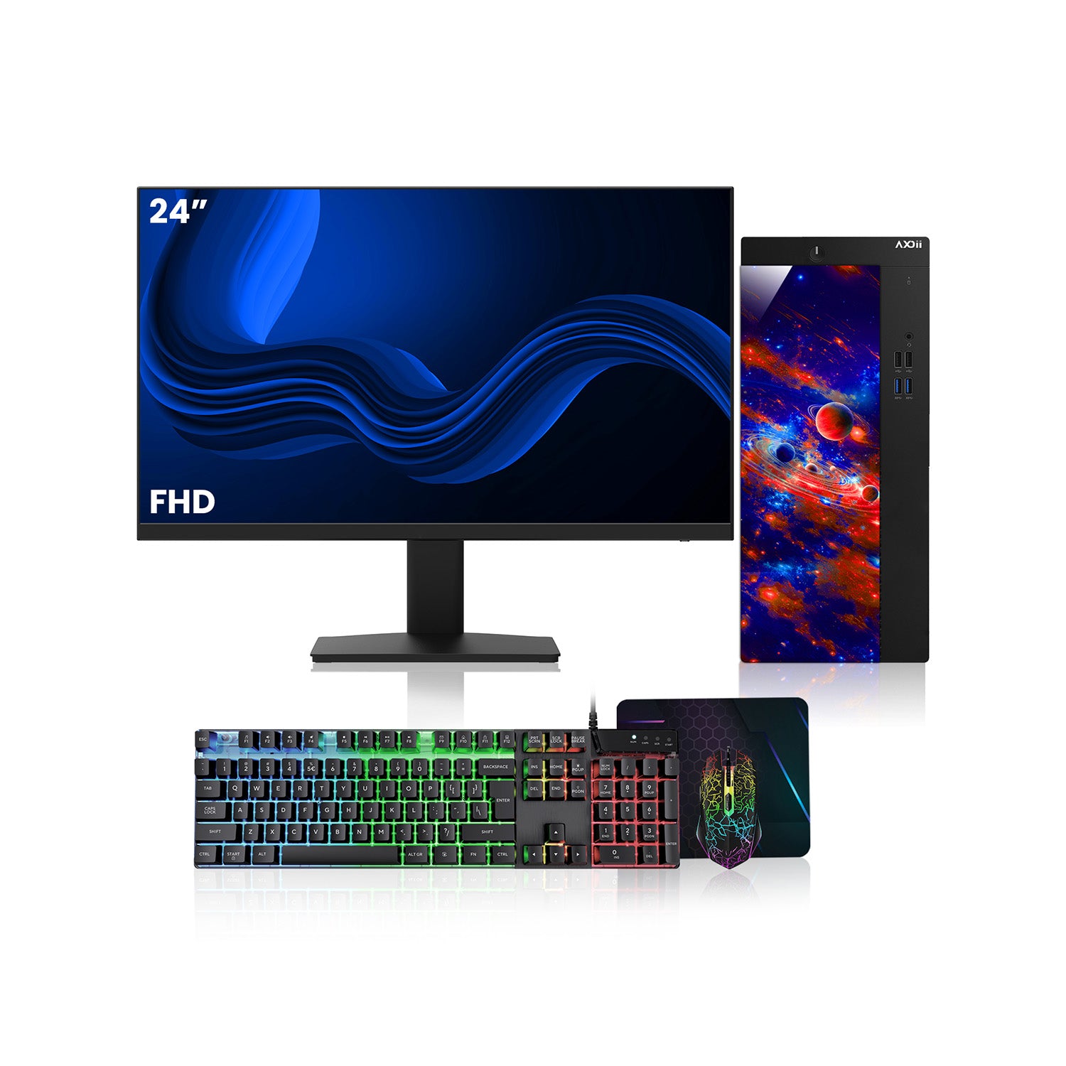 AXOII COSMOS Gaming Desktop PC Computer, Intel Core i5 - 8th Gen Up to 4.10GHz processor, 16GB DDR4 RAM, 512GB - 1TB NVMe SSD, 24/27 Inch FHD Monitor, Wi-Fi, Bluetooth Adapter - Windows 11 Pro
