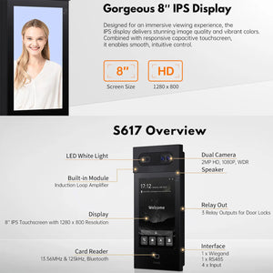 Dnake S617 Dual HD Cameras - 8 Inch Facial Recogination Android 2MP PoE+ DoorPhone Station, IPS LCD Display, 120° Wide viewing angle, Support Surface & Flush Mounting Box
