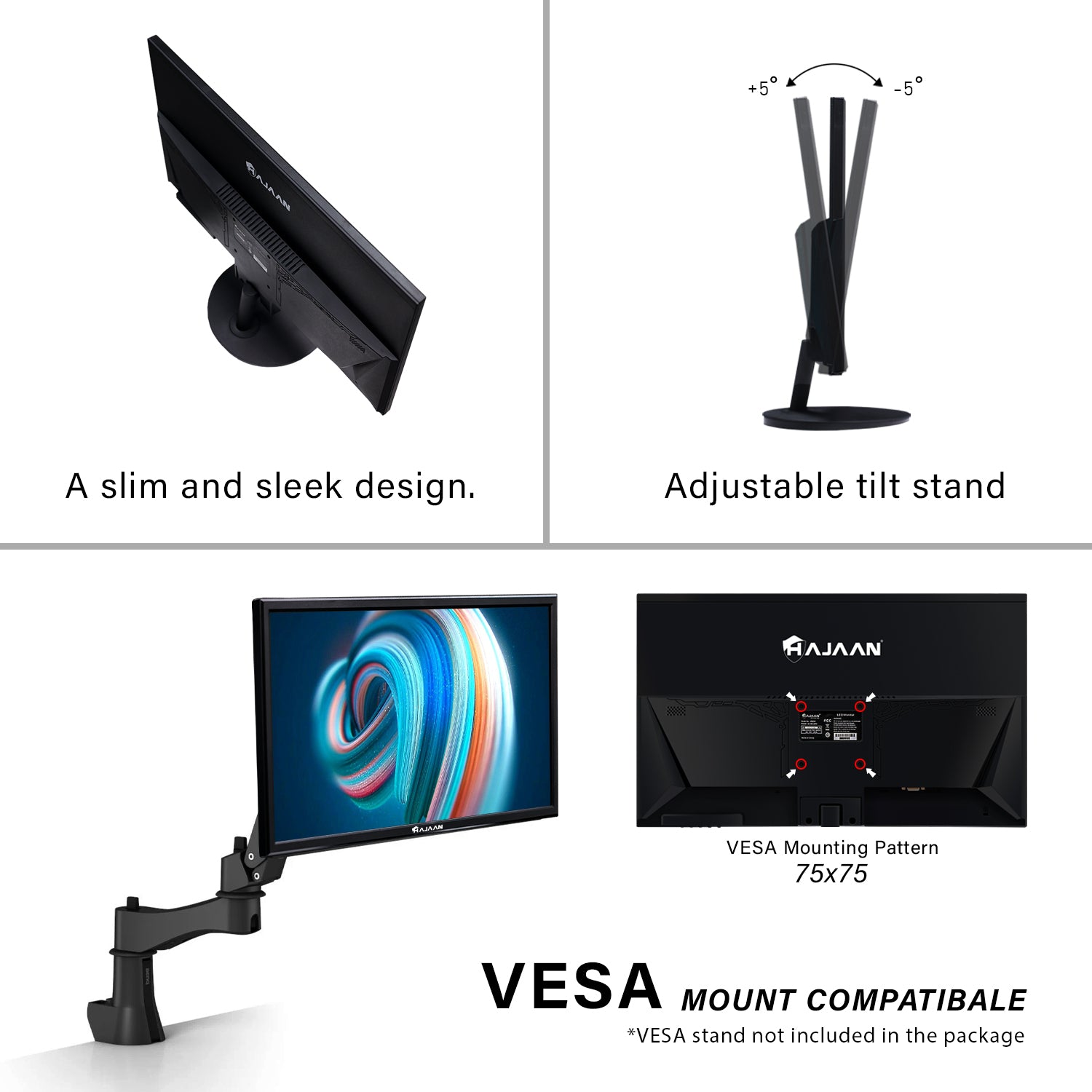 HAJAAN 22” Inch FHD (1920x1080) Computer Monitor, 75 Refresh Rate, Best for Office & Home, Ergonomic Tilt HDMI, VGA Ports LED Monitor for PC, VESA Mountable, Black (HM220)- NEW