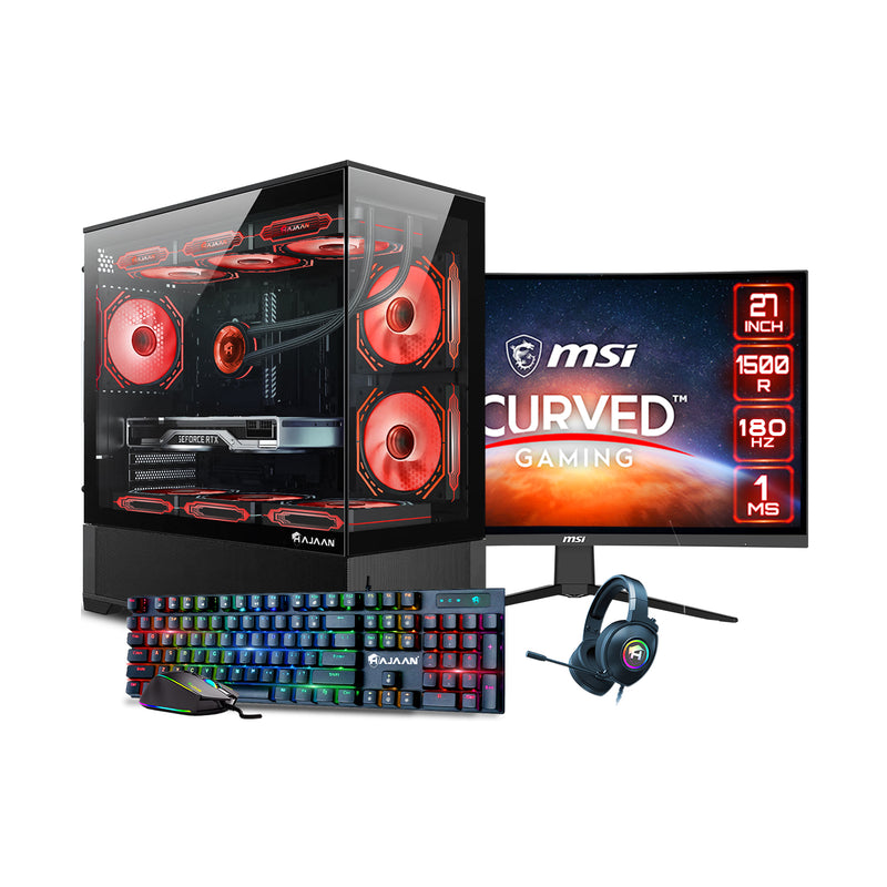 HAJAAN SuperX Liquid Cooled Gaming PC Tower Desktop - MSI 27-inch Curved Gaming Monitor Combo -  64GB DDR4 RAM - 2TB NVMe SSD - Wifi 6 - Bluetooth - Windows 11 Pro