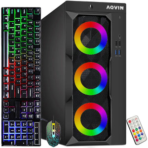 Gaming Desktop AQVIN Computer Tower PC, Intel Core i7 - 6th/ 7th CPU,  32GB DDR4 RAM, 1TB SSD Storage, RX 550/GTX1630/1050Ti/1650, Windows 10 Pro, RGB Keyboard and Mouse - Refurbished