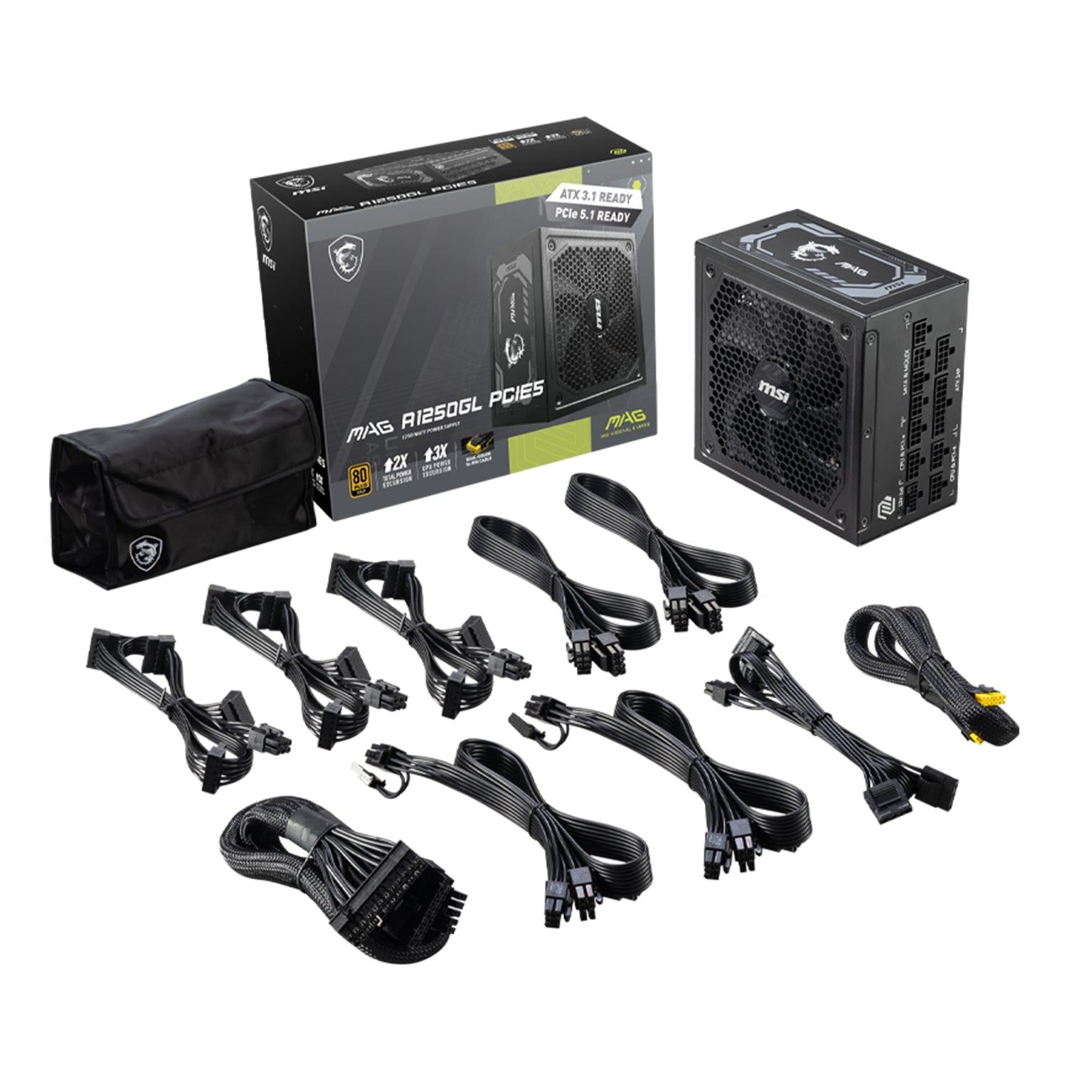 MSI 1250W Power Supply 80+Gold Fully Modular - Fluid Dynamic Bearing With PCle Gen 5.1 Ready (MAG A1250GL PCIE5)