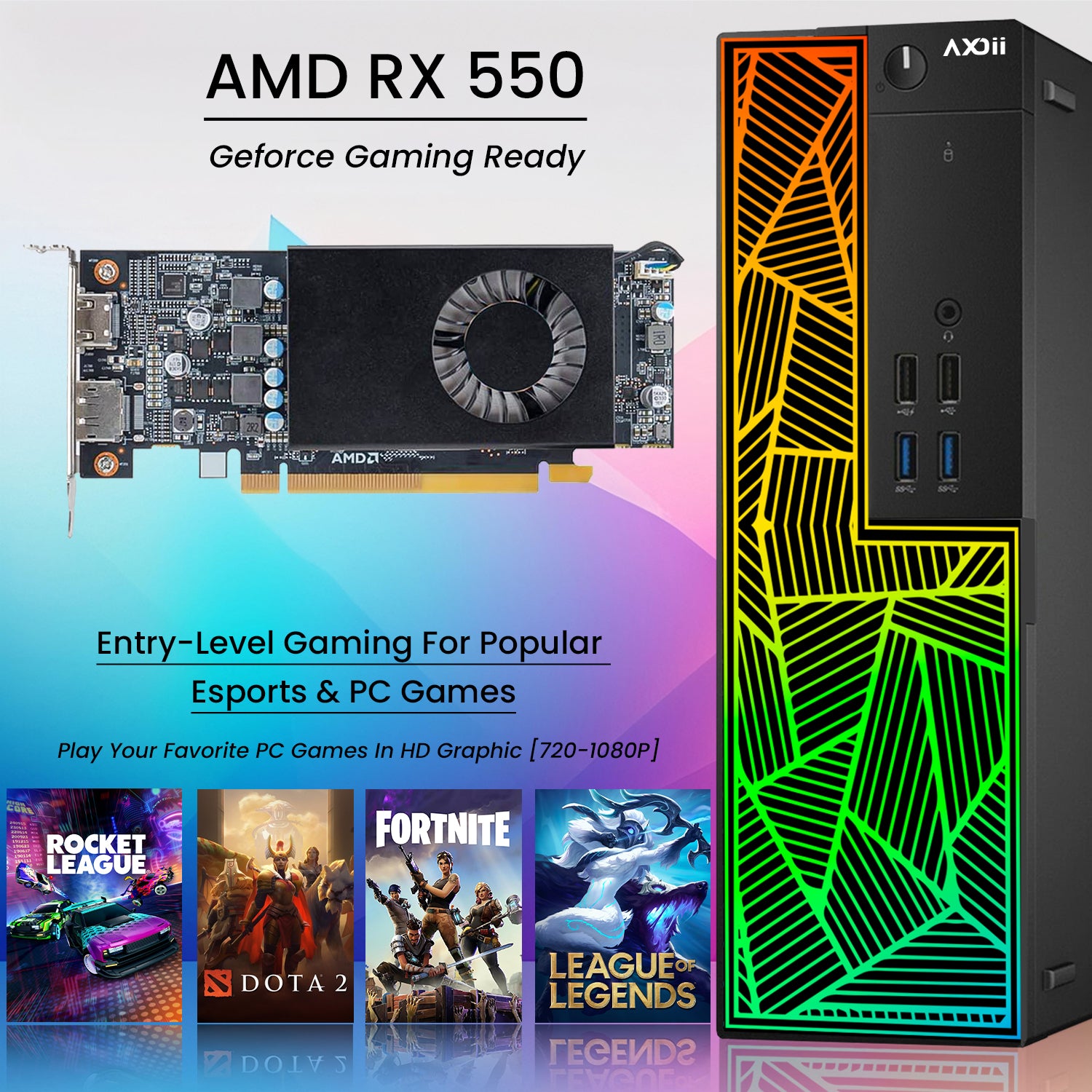 AXOII PRISM RGB Gaming Desktop Computer PC, Intel Core I7 - 6700 Up to 4.0GHz Processor, Graphics Card - AMD Radeon RX 550, 16GB - 32GB DDR3L RAM, 512GB - 1TB SSD, Wi-Fi, Bluetooth - Windows 10 Pro