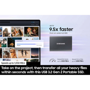 SAMSUNG T7 Portable 1TB SSD - R/W Speed Up to 1050/1000 MB/s, USB 3.2 Gen 2 (Gray) - MU-PC1T0T/AM