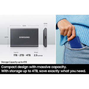 SAMSUNG T7 Portable 1TB SSD - R/W Speed Up to 1050/1000 MB/s, USB 3.2 Gen 2 (Gray) - MU-PC1T0T/AM