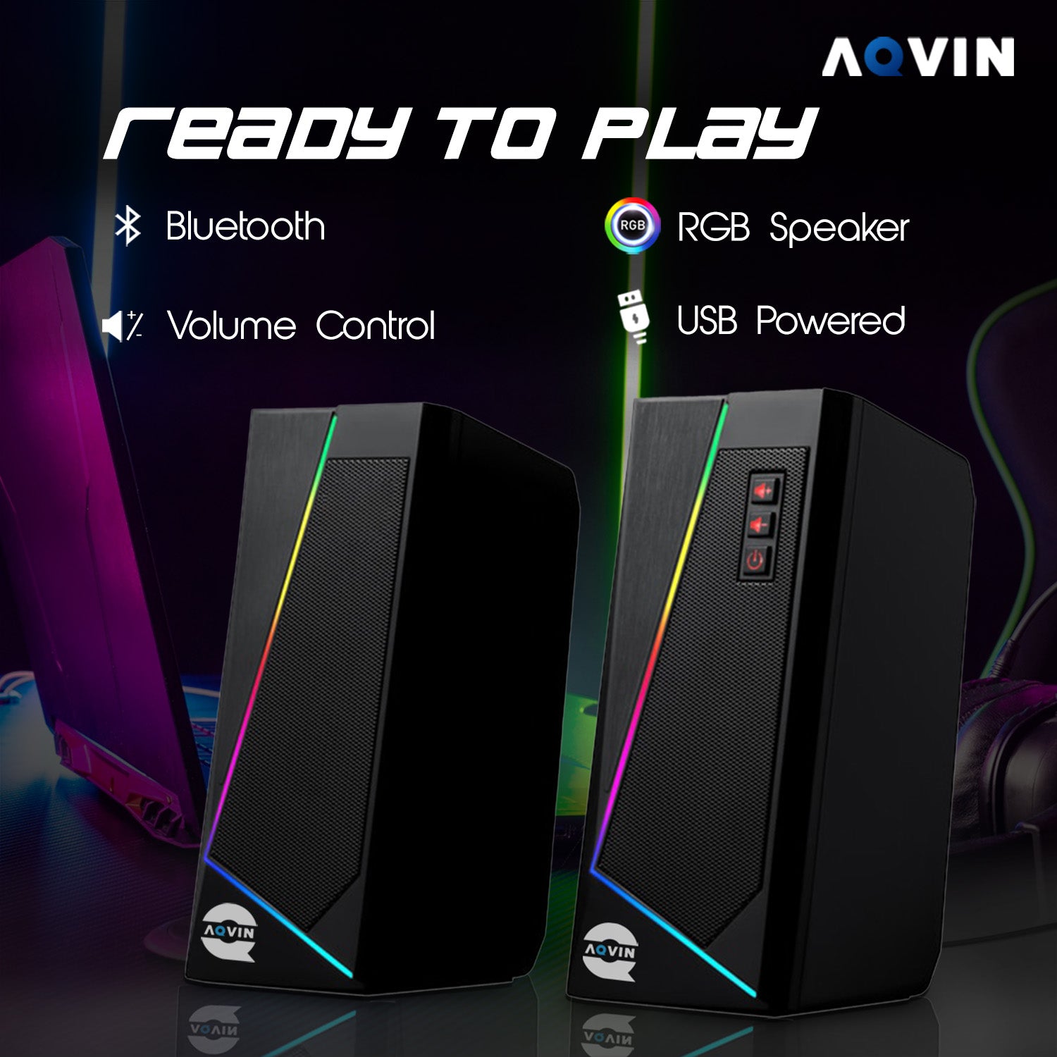 AQVIN RGB Gaming Speakers | Wired and Bluetooth 5.0 Speakers for PC/Laptop/Monitor | 6 Colorful RGB Modes Gaming Speakers | Easy-Access Volume Control (Q100)