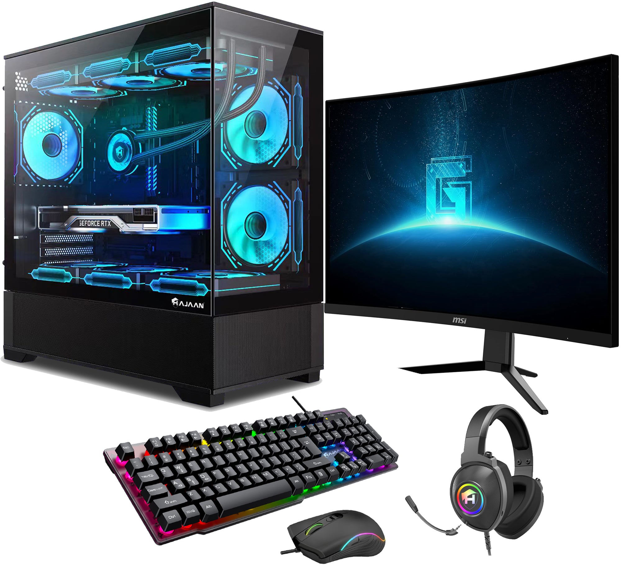 HAJAAN SuperX Liquid Cooled Gaming PC Tower Desktop - MSI 27-inch Curved Gaming Monitor Combo - 32GB DDR4 RAM - 1TB NVMe SSD - Wifi 6 - Bluetooth - Windows 11 Pro