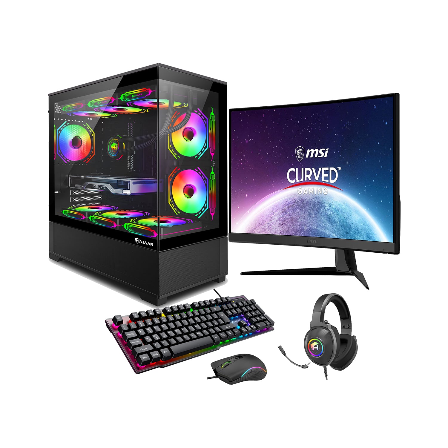 HAJAAN SuperX Liquid Cooled Gaming PC Tower Desktop - MSI 27-inch Curved Gaming Monitor Combo -  64GB DDR4 RAM - 2TB NVMe SSD - Wifi 6 - Bluetooth - Windows 11 Pro