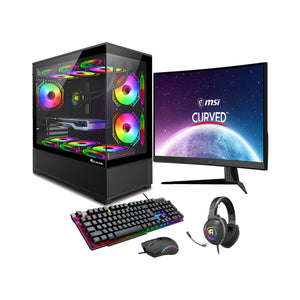 HAJAAN SuperX Liquid Cooled Gaming PC Tower Desktop - MSI 27-inch Curved Gaming Monitor Combo -  32GB DDR4 RAM - 1TB NVMe SSD - Wifi 6 - Bluetooth - Windows 11 Pro