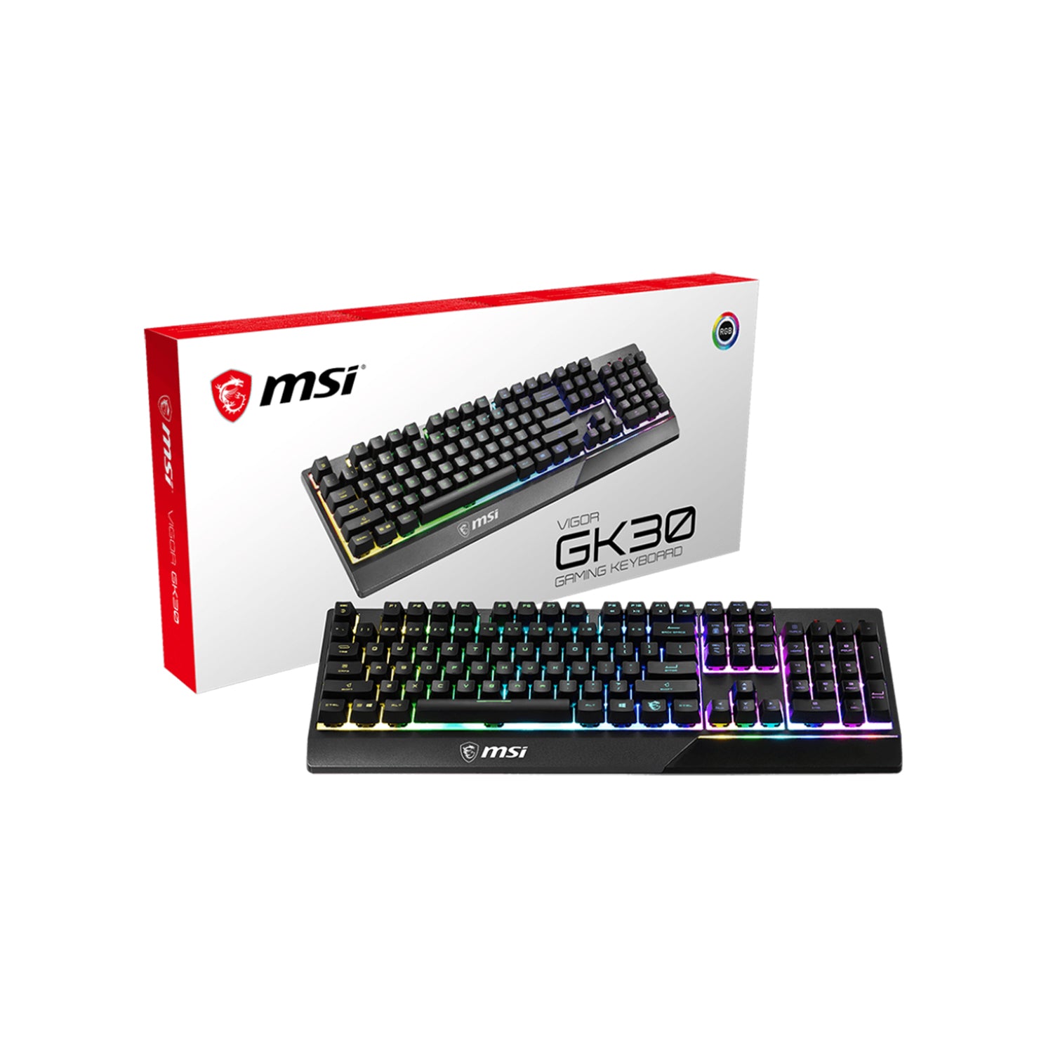 MSI VIGOR GK30 RGB Lighting Gaming Keyboard - USB 2.0 Wired Membrane 6 Zones With Plunger Switches, Water repellent & Splash-Proof , 20-key anti-ghosting - Black