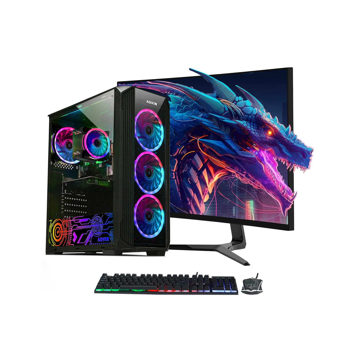 AQVIN Z-Force Gaming Desktop Tower PC/ 24 and 27 inch Curved Screen/ Intel Core i7 up to 4.00 GHz Processor/ RX 580, GTX 1660s, RTX 3050, 3060/ 32GB DDR4 RAM/ 512GB - 2TB SSD/ WIFI/ Windows 10 Pro - Refurbished