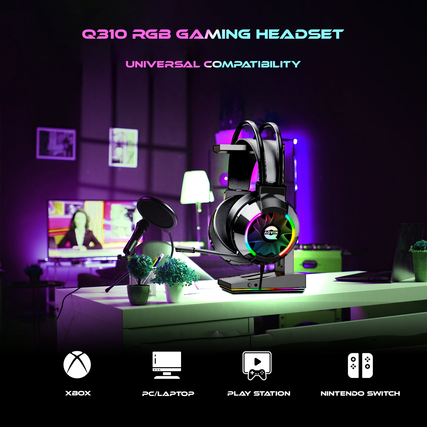 AQVIN Q310 RGB Wired Gaming Headset, RGB Backlight, 7.1 Stereo Surround Sound, 50MM Drivers, Adjustable Microphone, Over-Ear Headphones for PC, Laptop etc - Black